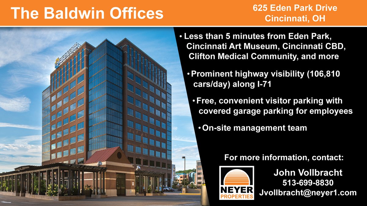 NeyerProperties's tweet image. Today’s #FeaturedProperty is The Baldwin Offices located in Cincinnati. Available suites range from approximately 3,800 square feet to 8,650 square feet. Get in touch with us today for more information!

#OfficeSpace #CRE #Cincinnati