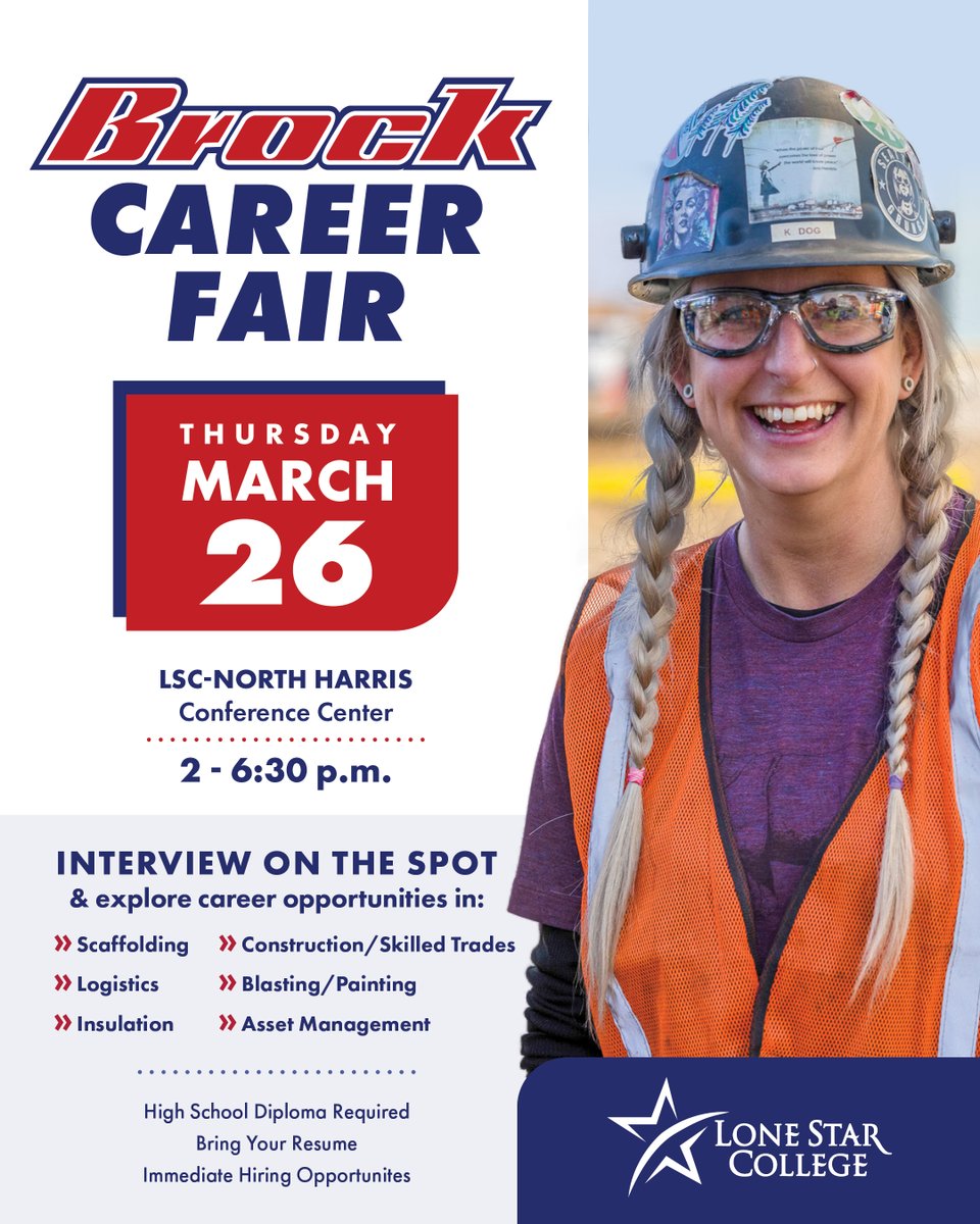 lonestarcollege's tweet image. 🚧 Now hiring. Interview on the spot.

Join the Brock Career Fair at Lone Star College and explore careers in construction, logistics, skilled trades &amp;amp; more.

📅 March 26 | 2–6:30 p.m.
📍 LSC–North Harris

Bring your resume.

🔗 lonestar.edu/brock-career-f…

#OneLSC #LSC #NowHiring