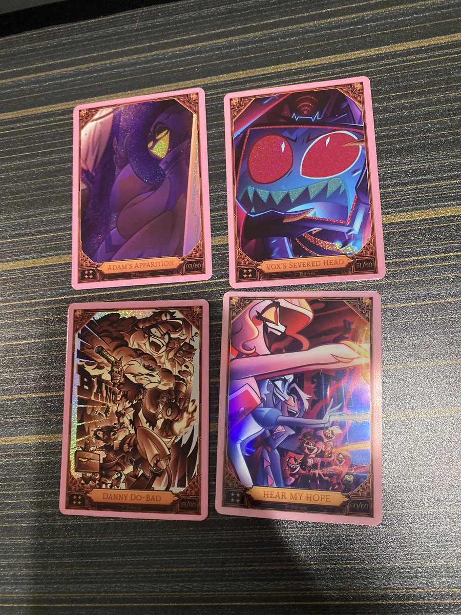 only1tricks_vrc's tweet photo. Still have yet to get foils for Alastor, Vincent, Turf War and Man’s Best Friend 😭 Still need them and Adam, Abel, and Danny for first edition. Willing to trade or buy first editions for all I just mentioned!

#hazbihotel #hazbinhotelseason2 https://t.co/LP5QHhRram