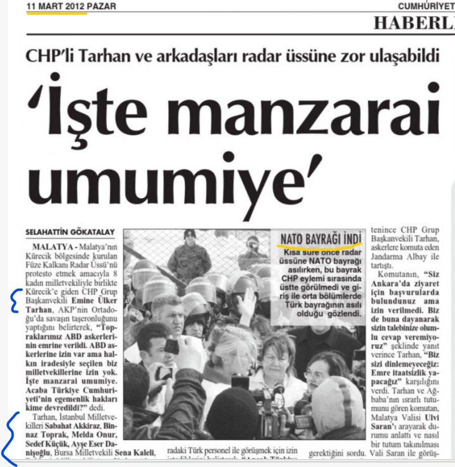 Tam 14 sene önce bugün, dönemin CHP grup başkanvekili Emine Ülker Tarhan ve beraberindeki kadın milletvekilleri, ABD kontrolünde 2012’de kurulan Malatya’daki Kürecik radar üssünü adeta kuşatıyor.. 

1 Mart 2003’te tezkereye direnen CHP, 2012’de de az da olsa vardı AMA bugün