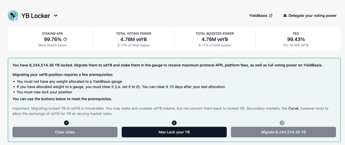 StakeDAOHQ's tweet photo. Reminder: veYB holders can migrate their veYB lock into sdYB directly on the Stake DAO app to:

↳ Retain voting power  
↳ Get boosted @yieldbasis native yield

3 steps: Clear votes → Max lock → Migrate. https://t.co/PQyf0xohQH