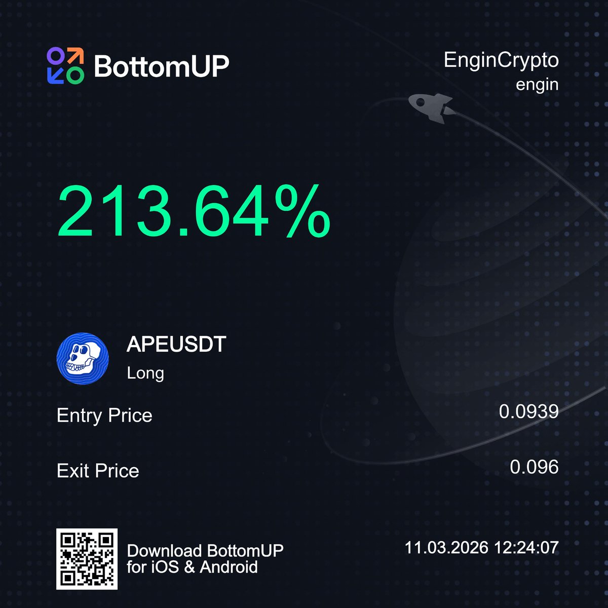 Engin_Crypto's tweet image. Successful $APE long trade!✅

💰Total profit: 1.5R

I share my trades on BottomUP.  Follow me on @bottomupsocial .

%20 𝐷𝑖𝑠𝑐𝑜𝑢𝑛𝑡 𝐶𝑜𝑑𝑒: 𝐞𝐧𝐠𝐢𝐧 👇

bottomup.app

#ape #apeusdt #crypto