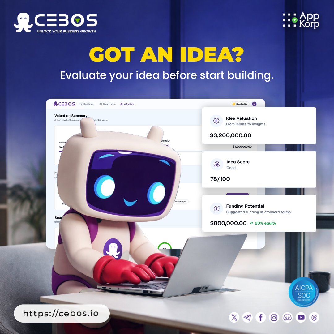 _cebos's tweet photo. Before pitching to investors, get the data behind your innovation.
AI-driven analysis helps you understand opportunity, growth capacity,
and financial outlook.
Get your first premium valuation at 80% OFF: https://t.co/TFT0LLNAO7 
#CEBOS #BusinessValuation #IdeaValuation https://t.co/wn39mTjUxq