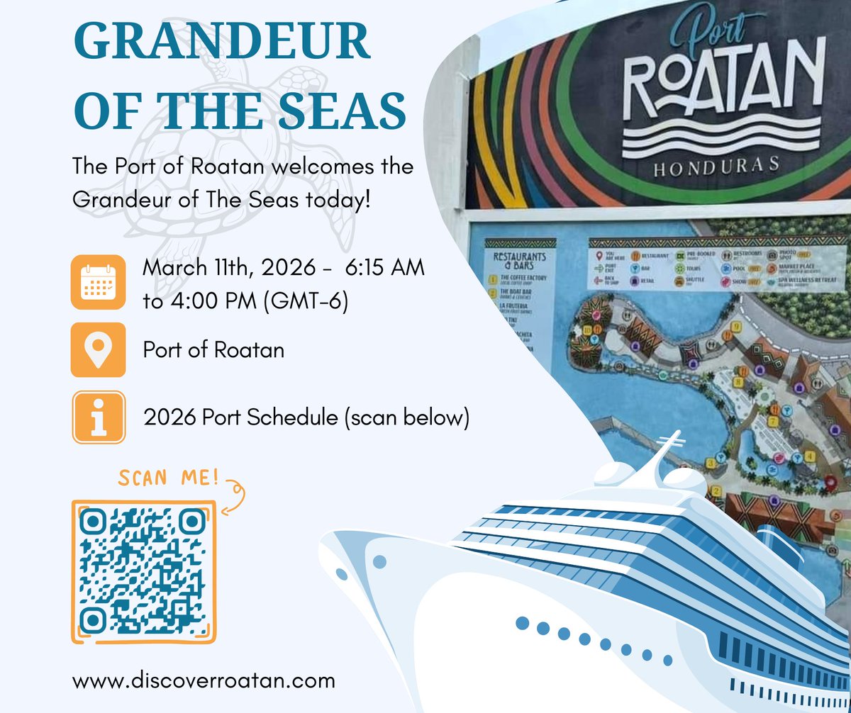 The Port of Roatan welcomes the Grandeur of The Seas today!

🛳 Schedule: March 11, 2026 - 6:15am to 4:00pm (GMT-6)

➡️ 2026 Port Schedule:  hi.discoverroatan.net/e7mR

#travel #cruise #caribbean #honduras #roatan #royalcaribbean #grandeuroftheseas #discoverroatan #LFK #littlefrench