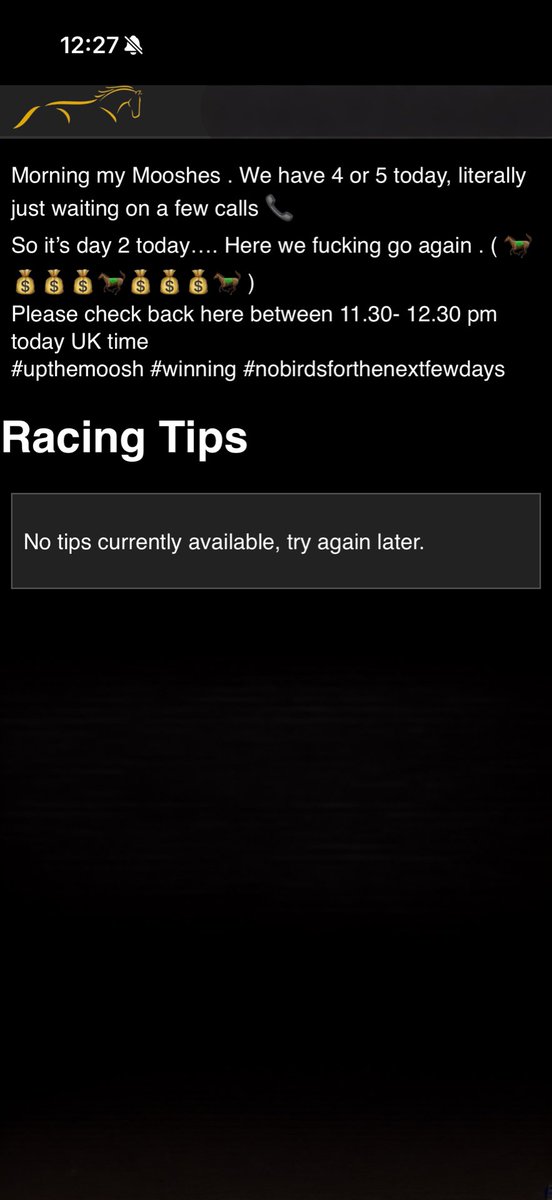 mooshtipsbeware's tweet photo. Wow he waited till bang on 12.30 to post, as yesterday, the at the races tips! Conman who knows nothing about racing! https://t.co/rGffcwkKVb