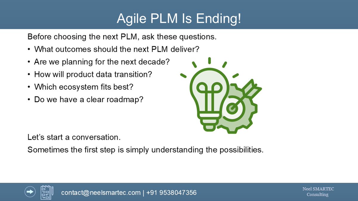 Agile PLM is sunsetting.
Many organizations are still asking:
 What should our next PLM strategy be?
Through PLM Strategic Advisory, <a href="/NeelSmartec/">Neel SMARTEC consulting</a>  helps organizations evaluate options and define clear PLM roadmaps.

#PLM #Engineering #IT #AgilePLM #Strategy
