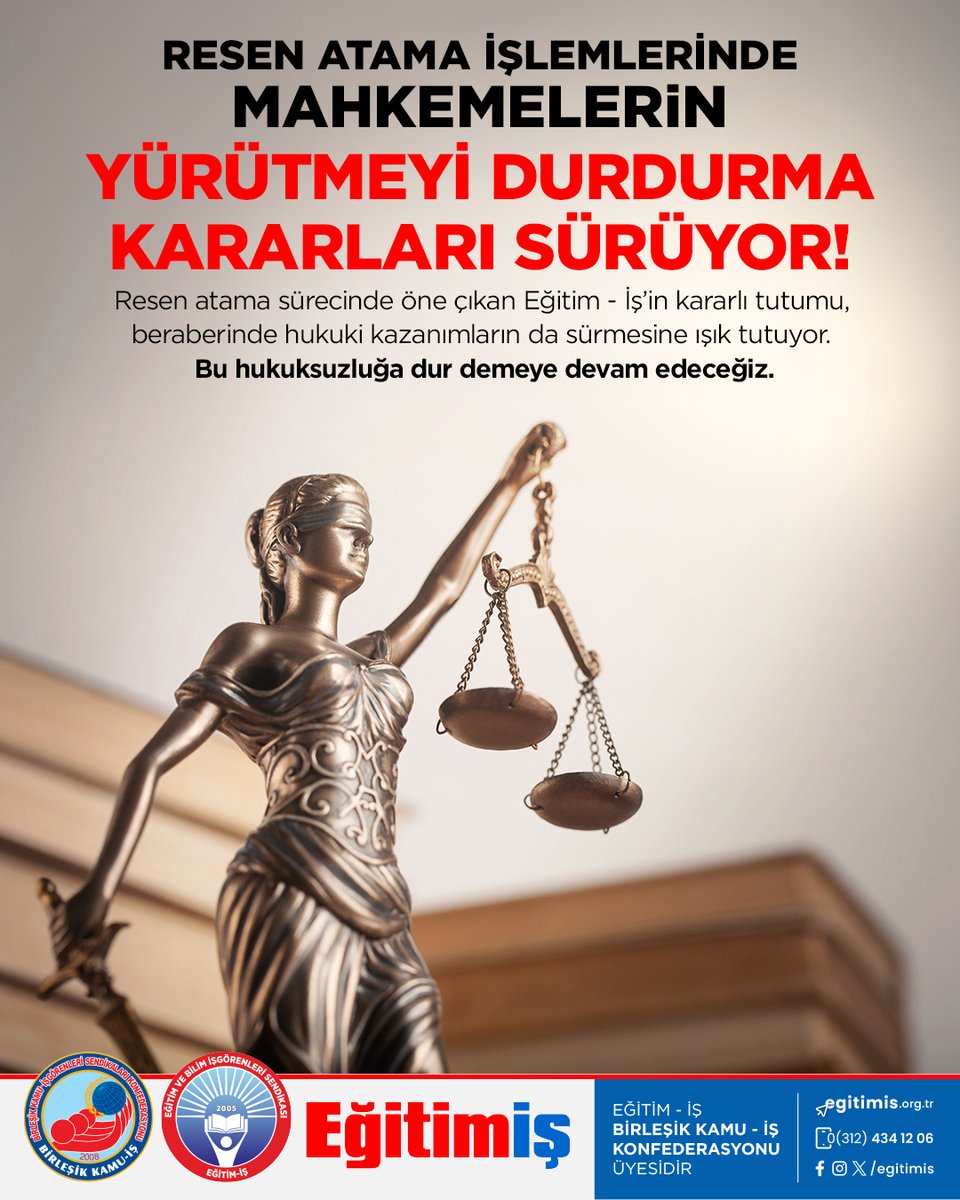 Önceki yılda olduğu gibi Milli Eğitim Bakanlığı tarafından ısrar edilen öğretmenlerin resen atama işlemlerine karşı sendikamızın hukuki mücadelesi sürüyor.

2026 yılı Ocak ayına ilişkin resen atamaların mahkemeler nezdinde de hukuksuzluğu her gün tescil ediliyor.

Resen atama
