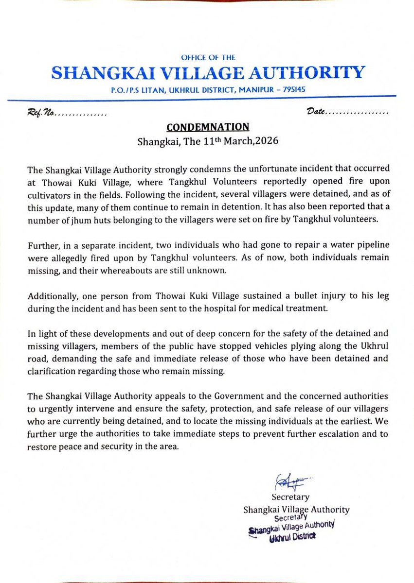 haokipkim128's tweet photo. The situation in Manipur, and particularly the relationship between the Tangkhuls and the Kuki community, has taken a new turn since yesterday.
Yesterday, i.e., 10 March 2026, the Manipur Police, along with the Indian Security Forces, cleared massive poppy cultivation in Sinakeithel Tangkhul village, spread across nearly 10 acres. On the intervening night of 10–11 March 2026, the #ZUF(K) attacked K. Songlung village, a Kuki village in Kangpokpi district. This has left innocent villagers traumatized and helpless, as this is the second time the village has come under attack from the same unlawful group. Security forces stationed near the village reportedly did nothing to prevent the attack.
Today (Thursday, 11 March 2026), members of the NSCN-IM, reportedly under the guise of Tangkhul village volunteers, opened fire on farmers from Thowai Kuki village. Several villagers have reportedly been detained by the militants, and a number of jhum huts have been gutted. Two other Kuki villagers are also reported missing as of now. It is further reported that one man was detained and shot in the feet by the same illegal militants.
It is suspected that these incidents may be linked to yesterday’s poppy destruction operation.
However, the destruction of a poppy farm should never become a reason for targeting innocent civilians or triggering a senseless conflict, especially when both communities are heavily armed and the painful memories of the 1990s conflict remain fresh.

@adgpi
@easterncomd
@crpfindia 
@BSF_India
@PMOIndia 
@HMOIndia 
@rajnathsingh 
@DefenceMinIndia 
@SpokespersonMoD  
@PIBHomeAffairs
@thewire_in @kthaparoffice
@kharge @PUCLindia
@RahulGandhi 
@SupriyaShrinate 
@Jairam_Ramesh 
@Pawankhera 
@srinivasiyc 
@Allavaru
@PIBHomeAffairs
@ndtvfeed @ndtv @CNN 
@thewire_in @KaranThapar_TTP 
@newslaundry @EastMojo @AJEnglish
@ukhrultimes @timesofindia
@TimesNow @htTweets
@globaltimesnews @PTI_News
 @BBCWorld @JuKrick_
@BBCBreaking @rashtrapatibhvn @VPIndia @LokBhavManipur