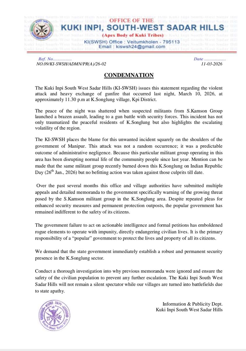 haokipkim128's tweet photo. The situation in Manipur, and particularly the relationship between the Tangkhuls and the Kuki community, has taken a new turn since yesterday.
Yesterday, i.e., 10 March 2026, the Manipur Police, along with the Indian Security Forces, cleared massive poppy cultivation in Sinakeithel Tangkhul village, spread across nearly 10 acres. On the intervening night of 10–11 March 2026, the #ZUF(K) attacked K. Songlung village, a Kuki village in Kangpokpi district. This has left innocent villagers traumatized and helpless, as this is the second time the village has come under attack from the same unlawful group. Security forces stationed near the village reportedly did nothing to prevent the attack.
Today (Thursday, 11 March 2026), members of the NSCN-IM, reportedly under the guise of Tangkhul village volunteers, opened fire on farmers from Thowai Kuki village. Several villagers have reportedly been detained by the militants, and a number of jhum huts have been gutted. Two other Kuki villagers are also reported missing as of now. It is further reported that one man was detained and shot in the feet by the same illegal militants.
It is suspected that these incidents may be linked to yesterday’s poppy destruction operation.
However, the destruction of a poppy farm should never become a reason for targeting innocent civilians or triggering a senseless conflict, especially when both communities are heavily armed and the painful memories of the 1990s conflict remain fresh.

@adgpi
@easterncomd
@crpfindia 
@BSF_India
@PMOIndia 
@HMOIndia 
@rajnathsingh 
@DefenceMinIndia 
@SpokespersonMoD  
@PIBHomeAffairs
@thewire_in @kthaparoffice
@kharge @PUCLindia
@RahulGandhi 
@SupriyaShrinate 
@Jairam_Ramesh 
@Pawankhera 
@srinivasiyc 
@Allavaru
@PIBHomeAffairs
@ndtvfeed @ndtv @CNN 
@thewire_in @KaranThapar_TTP 
@newslaundry @EastMojo @AJEnglish
@ukhrultimes @timesofindia
@TimesNow @htTweets
@globaltimesnews @PTI_News
 @BBCWorld @JuKrick_
@BBCBreaking @rashtrapatibhvn @VPIndia @LokBhavManipur