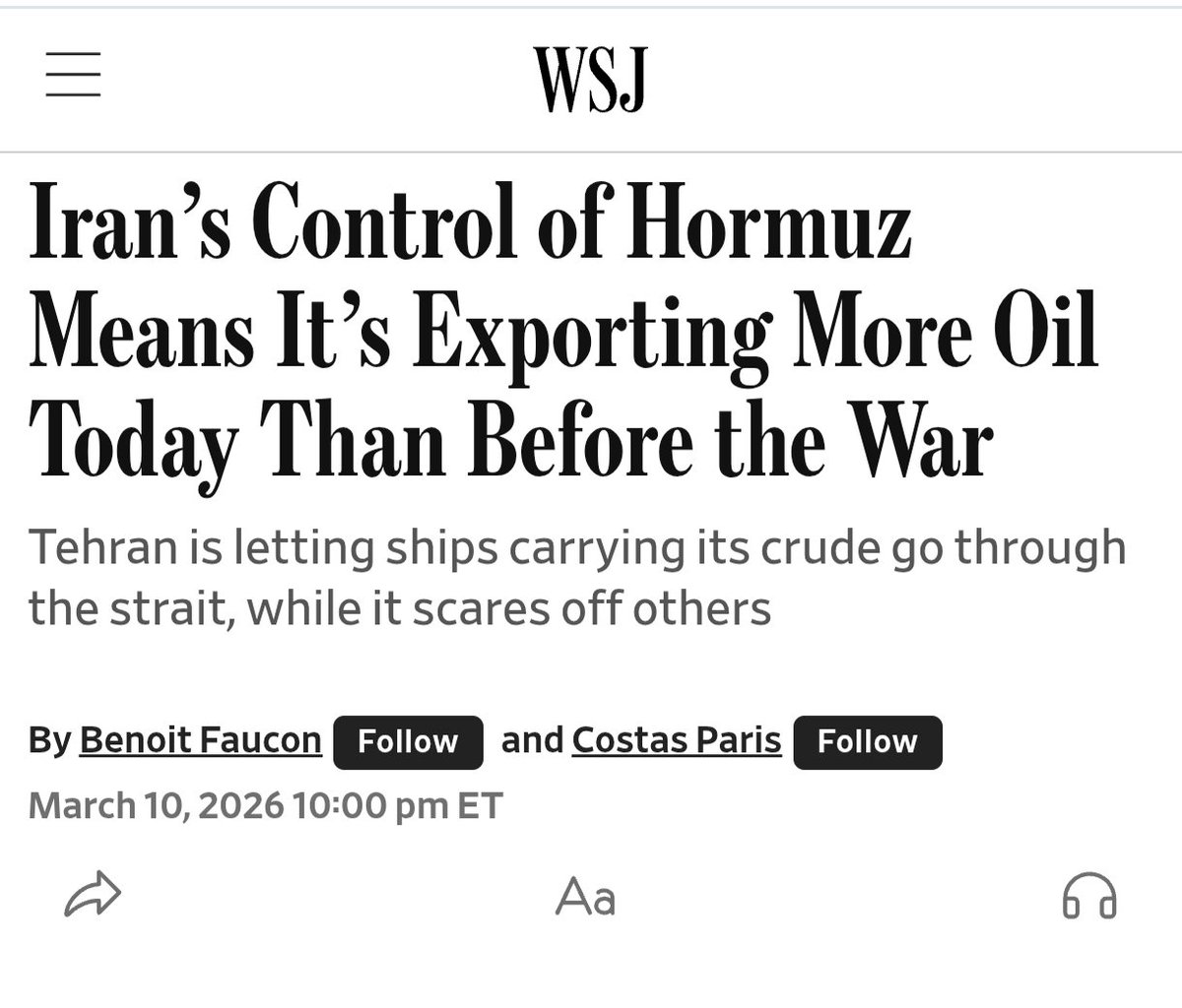 "El control de Ormuz por parte de Irán significa que hoy exporta más petróleo que antes de la guerra", afirma The Wall Street Journal, confirmando un secreto a voces. Cómo ya observamos hace unos días, el petróleo hacia China parecía seguir fluyendo, con discreción oriental.
Irán