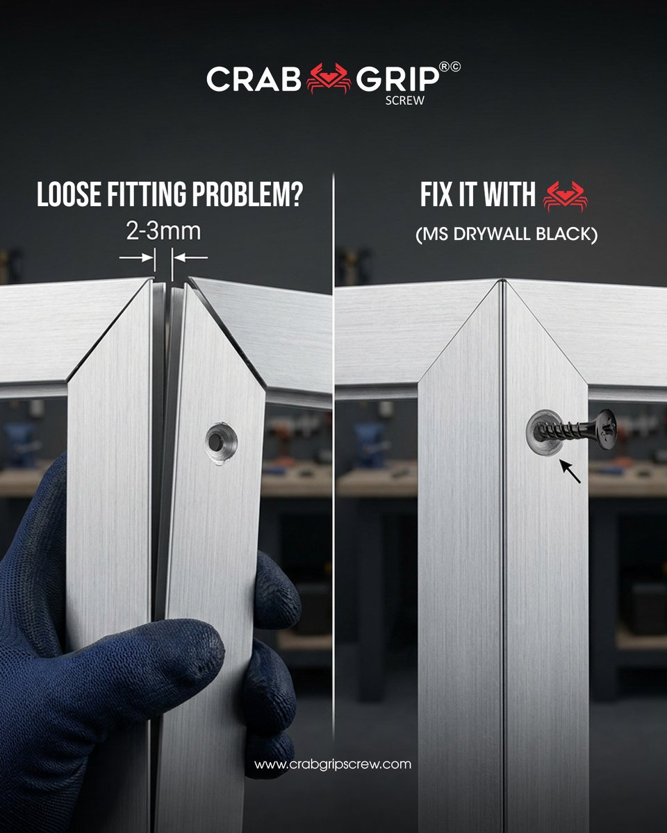 crabgripscrew's tweet photo. Fix loose 2-3mm gaps in aluminum frames instantly with Crab Grip MS Drywall screws.

#CrabGrip #HardwareSolutions #DIYFix #ConstructionHacks #DrywallScrews #HomeImprovement #PrecisionFasteners #AluminumFraming https://t.co/4WyyyFU5Bw