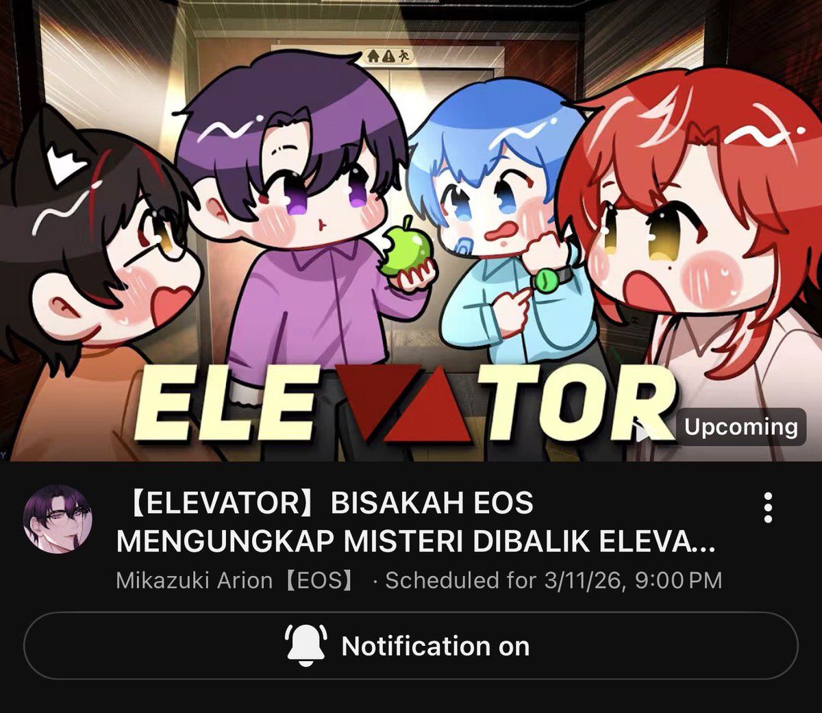 【110326】 Stream Update!

😈: 【ELEVATOR】BISAKAH EOS MENGUNGKAP MISTERI DIBALIK ELEVATOR INI?!

🕗: 21.00 WIB (GMT+7)
🗓️: Wed, 11 March 2026
🔗: youtube.com/live/8cMuxDzn5…