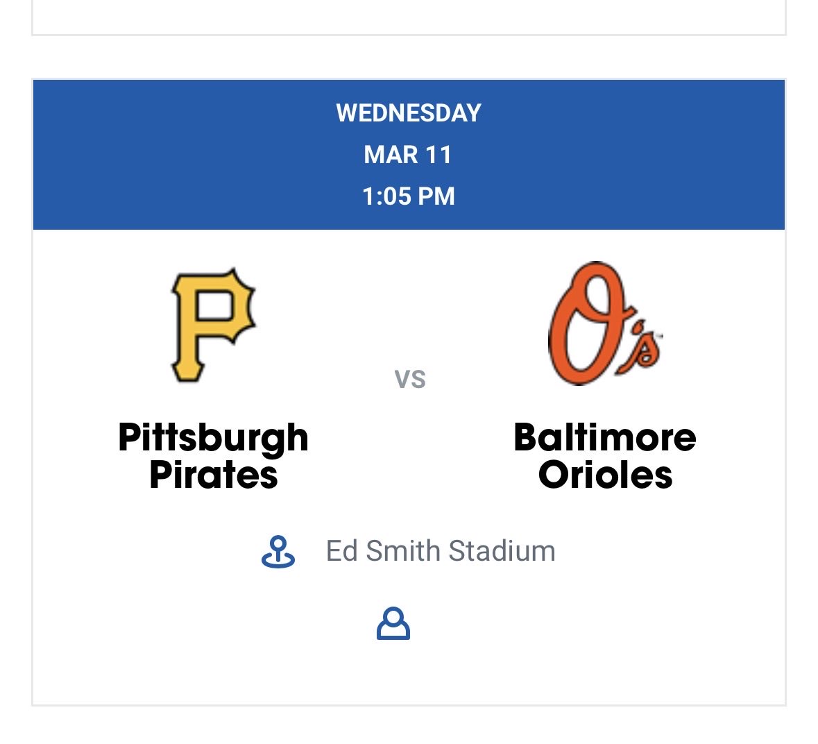Gorilafalls's tweet photo. #Orioles
#SpingTraining
#GrapefruitLeague
Game 19
Wednesday March 11th
Orioles vs Pirates
Ed Smith Stadium, Sarasota
1:05 PM ET 🇺🇸
5:05 PM GMT🇬🇧
TV: MASN https://t.co/GWgZb1Ssx6