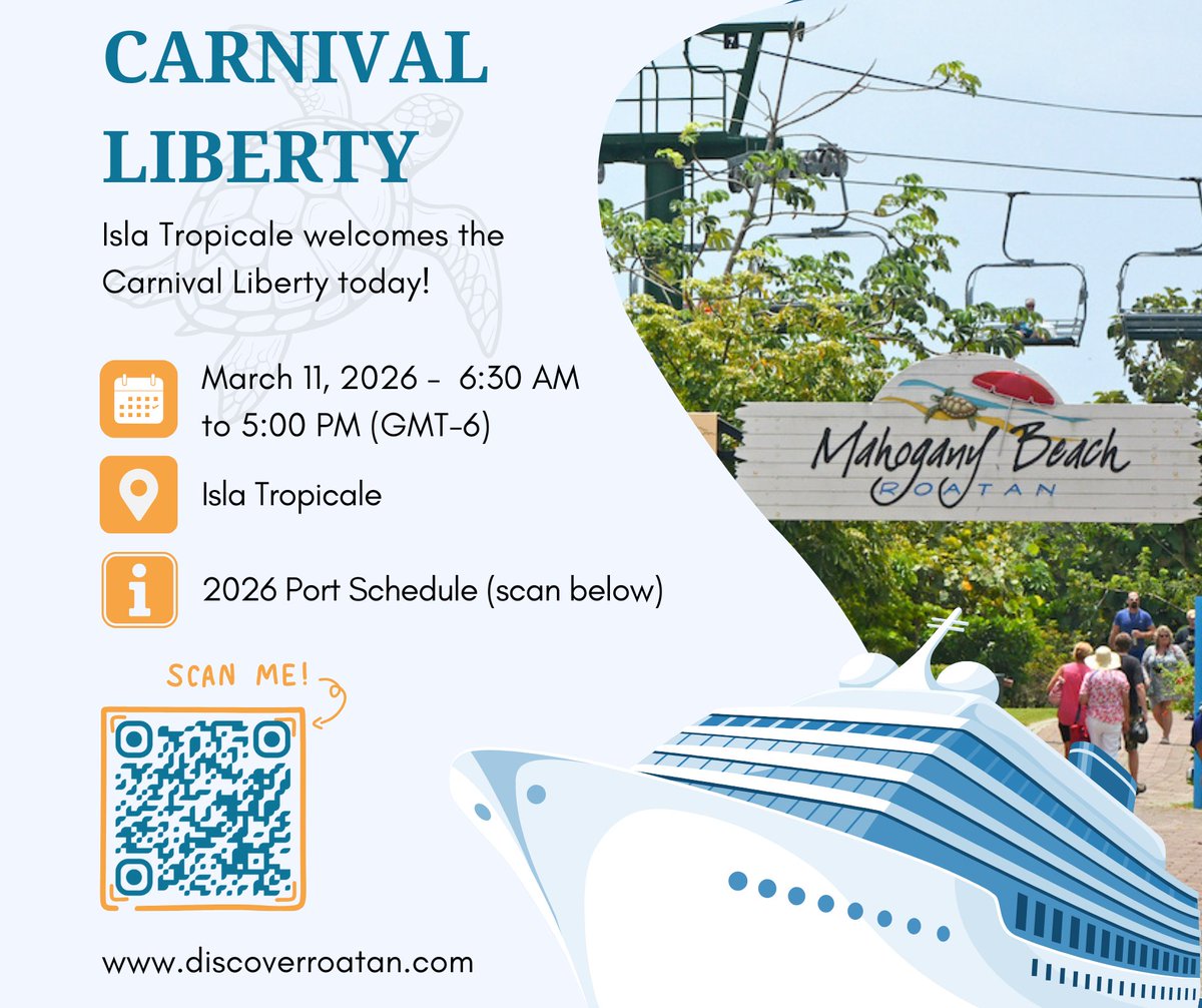 The Isla Tropicale Cruise Center (formerly Mahogany Bay) welcomes the Carnival Liberty today!

🛳 Schedule: March 11, 2026 - 6:30am to 5:00pm (GMT-6)

➡️ 2026 Port Schedule : hi.discoverroatan.net/gZcn

#travel #cruise #caribbean #honduras #roatan #carnivalcruise #carnivalliberty #m