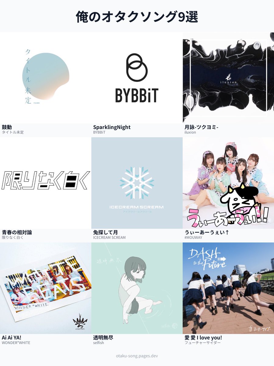 俺のオタクソング9選（ライブアイドル編）
・鼓動
・SparklingNight
・月詠-ツクヨミ-
・青春の相対論
・兔探して月
・うぃーあーうぇい↑
・Ai Ai YA!
・透明無尽
・愛 愛 I love you!
#俺のオタクソング9選
otaku-song.pages.dev/share/rahw0ljt