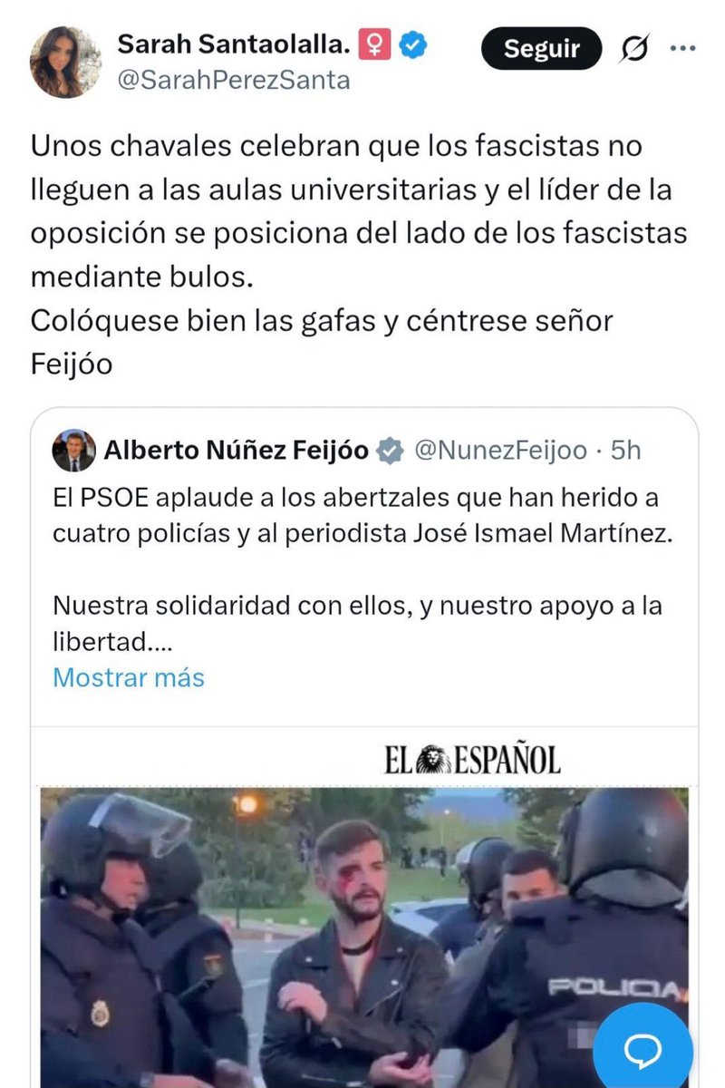 Esta es la realidad de <a href="/SarahPerezSanta/">Sarah Santaolalla. ♀</a>, la del cabestrillo de mentira, la que según sus palabras el resto podríamos celebrar que le abriesen la cabeza de una pedrada.
