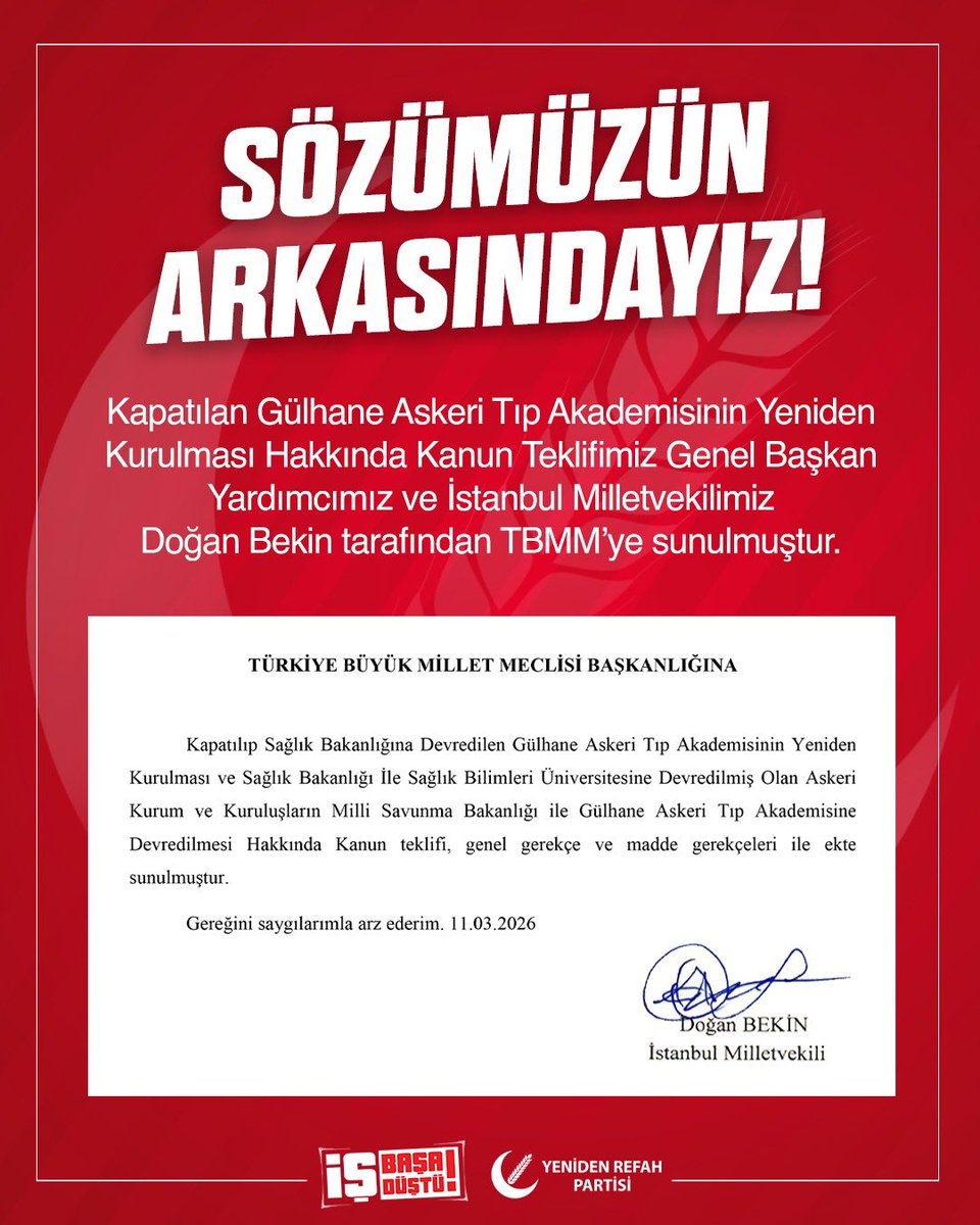 Kapatılan Gülhane Askeri Tıp Akademisinin Yeniden Kurulması Hakkında Kanun Teklifimiz Genel Başkan Yardımcımız ve İstanbul Milletvekilimiz Doğan Bekin tarafından TBMM’ye sunulmuştur. 

<a href="/erbakanfatih/">Dr. Fatih Erbakan</a> <a href="/DoganBekin/">Doğan Bekin</a> <a href="/magdursuztoplum/">Toplumsal Mağduriyetler Kurulu</a>