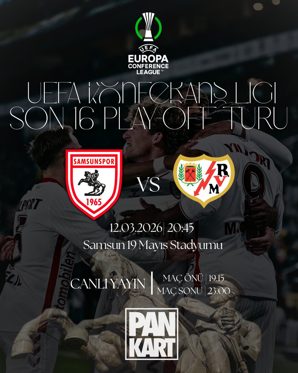 PankartTv's tweet photo. 🚨NEXT MATCH ! 🚨

👉🏻Atatürklü Arma Avrupa sahnesinde! Son 16 play-off turu

⚽️ #Samsunspor 🆚 #RayoVallecano

⏰️Maç Saati | 20.45 

⏰️Maç önü | Maç Sonu Canlı Yayın | 19.15/23.00

📺 Pankart TV | Youtube

🙏🏻Kanala abone olmayı unutma https://t.co/fpjzX4jJbl
