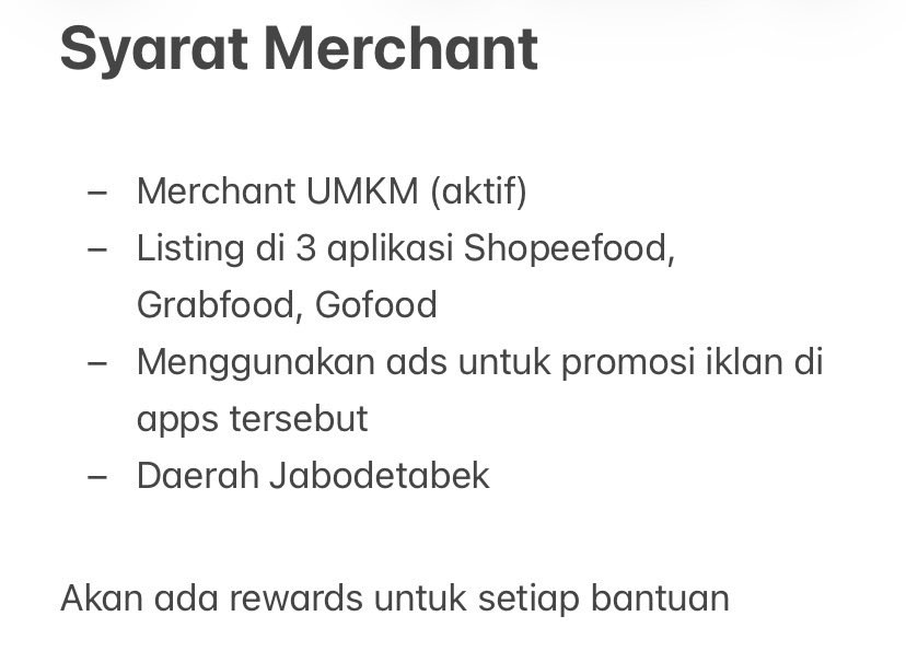 nrhthan's tweet photo. @worksfess Hi all

Saya sdg melakukan penelitian utk merchant yg menggunakan aplikasi Shopeefood, Gofood &amp; Grabfood. Jika ada merchant UMKM yg listing di 3 apps tsb &amp; menggunakan ads, serta tertarik mmbntu penelitian saya. Sila DM akn ada rewards utk bantuannya. Terima kasih 🥹🙏🏻 https://t.co/fPXqInVBEl