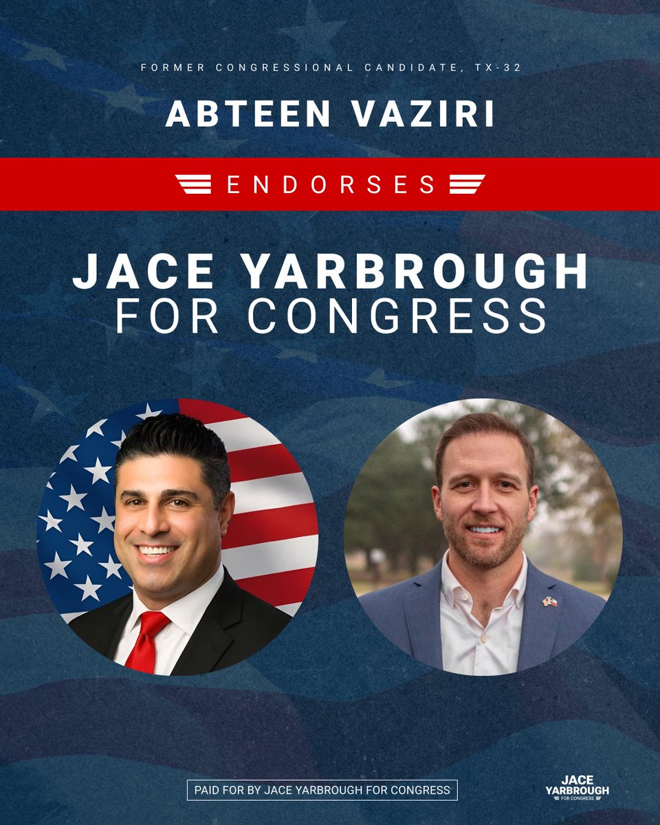 Proud to be endorsed by my friend <a href="/AbteenVaziriTX/">AbteenVaziri</a>. It was a pleasure getting to know him on the campaign trail, and I look forward to working with him for the great people of #TX32.