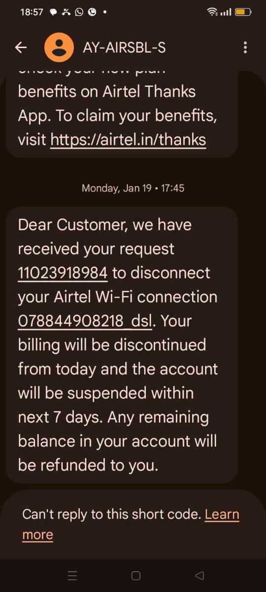 hraj5342's tweet photo. @Airtel_Presence @airtelindia

I requested Airtel Broadband disconnection on 19 Jan and received confirmation SMS (Ref: 11023918984) stating billing would stop. Still received Feb bill. On 21 Feb support confirmed request, but on 9 Mar they say no request exists. Reverse charge. https://t.co/yr4WDKybbC