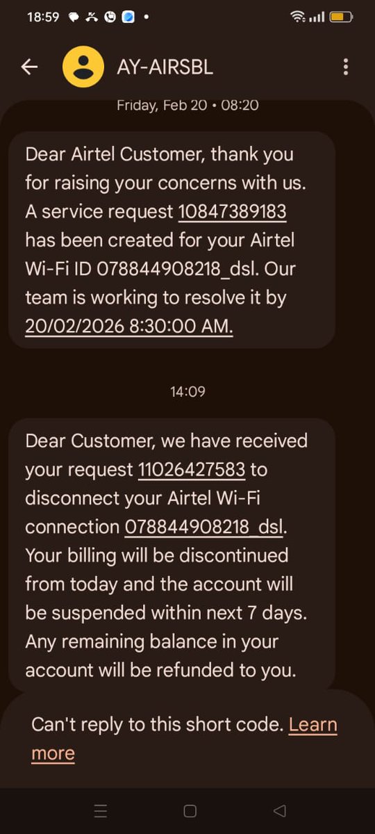hraj5342's tweet photo. @Airtel_Presence @airtelindia

I requested Airtel Broadband disconnection on 19 Jan and received confirmation SMS (Ref: 11023918984) stating billing would stop. Still received Feb bill. On 21 Feb support confirmed request, but on 9 Mar they say no request exists. Reverse charge. https://t.co/yr4WDKybbC