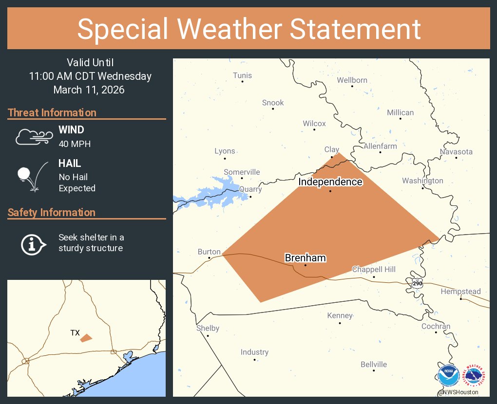 A special weather statement has been issued for Brenham TX and ...