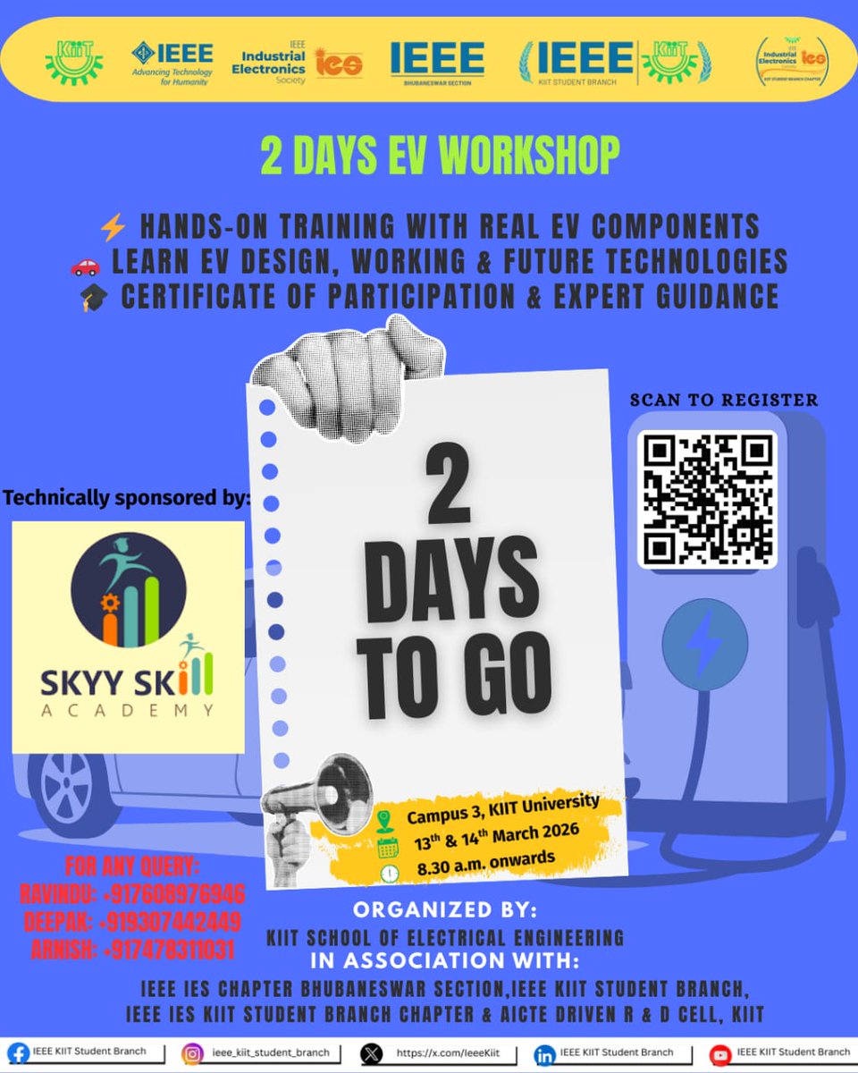 IeeeKiit's tweet photo. ⚡ 2 DAYS TO GO!
Ready to explore the future of mobility? 🚗🔋
Join our Hands-On EV Workshop and learn with real EV components.
Register now before seats fill!
#EV #ElectricVehicles #IEEE #KIIT #EVWorkshop #FutureTech https://t.co/6wDPXLJ5X9