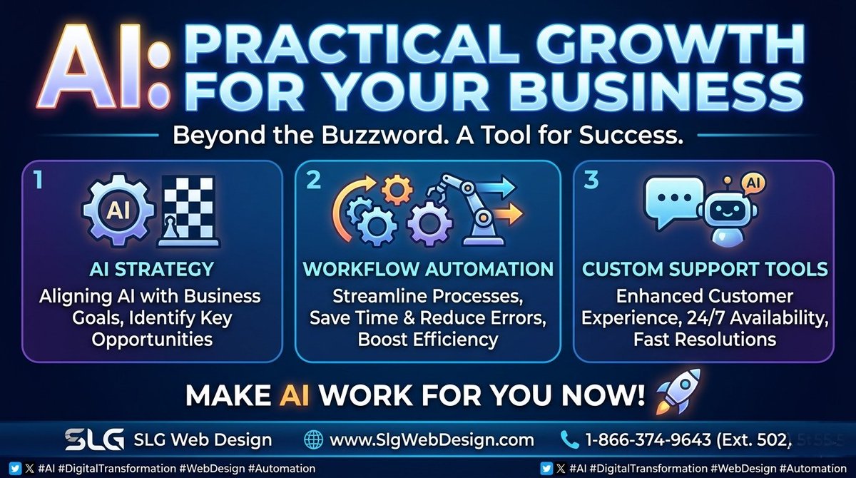 SLGWebDesign's tweet photo. AI isn't just a buzzword—it’s a tool for growth. 🚀 At SLG Web Design, we help you implement AI strategy, workflow automation, and custom support tools to boost your bottom line.

Make AI practical for your business today.

🌐 https://t.co/UyQtez79ht 📞 1-866-374-9643 (Ext. 502) https://t.co/nSd2VTXCBR