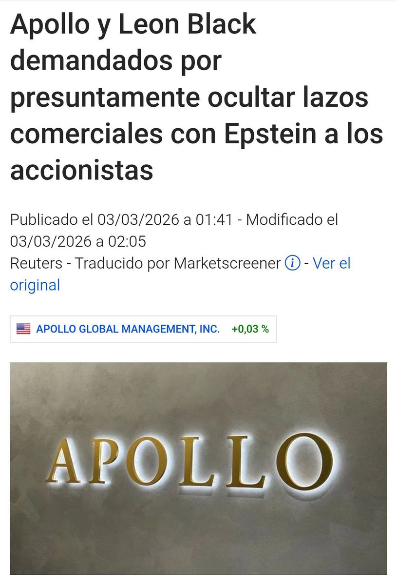 JulianMaciasT's tweet image. No me lo puedo creer. 
La reunión que tuvo Ayuso con fondos de inversión para que inviertan en seguridad y centros de datos fue con Apollo, la empresa que fundó el socio de Epstein, Leon Black, acusado de violar a varios niños y darle 158M$.
es.marketscreener.com/noticias/apoll…