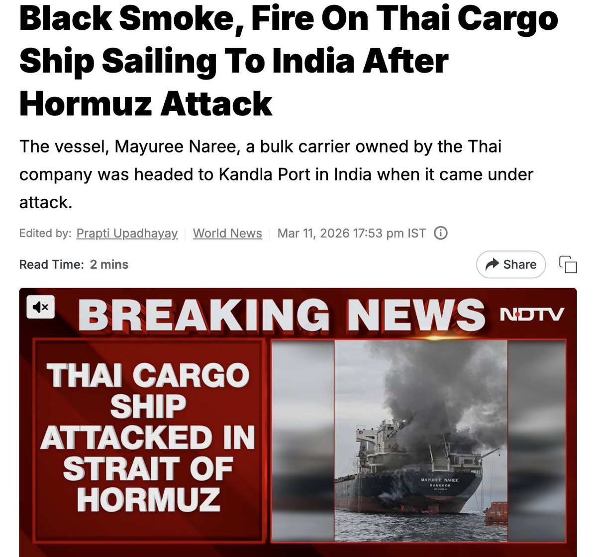 Thai Cargo Ship Sailing To India Attacked at Strait of Hormuz