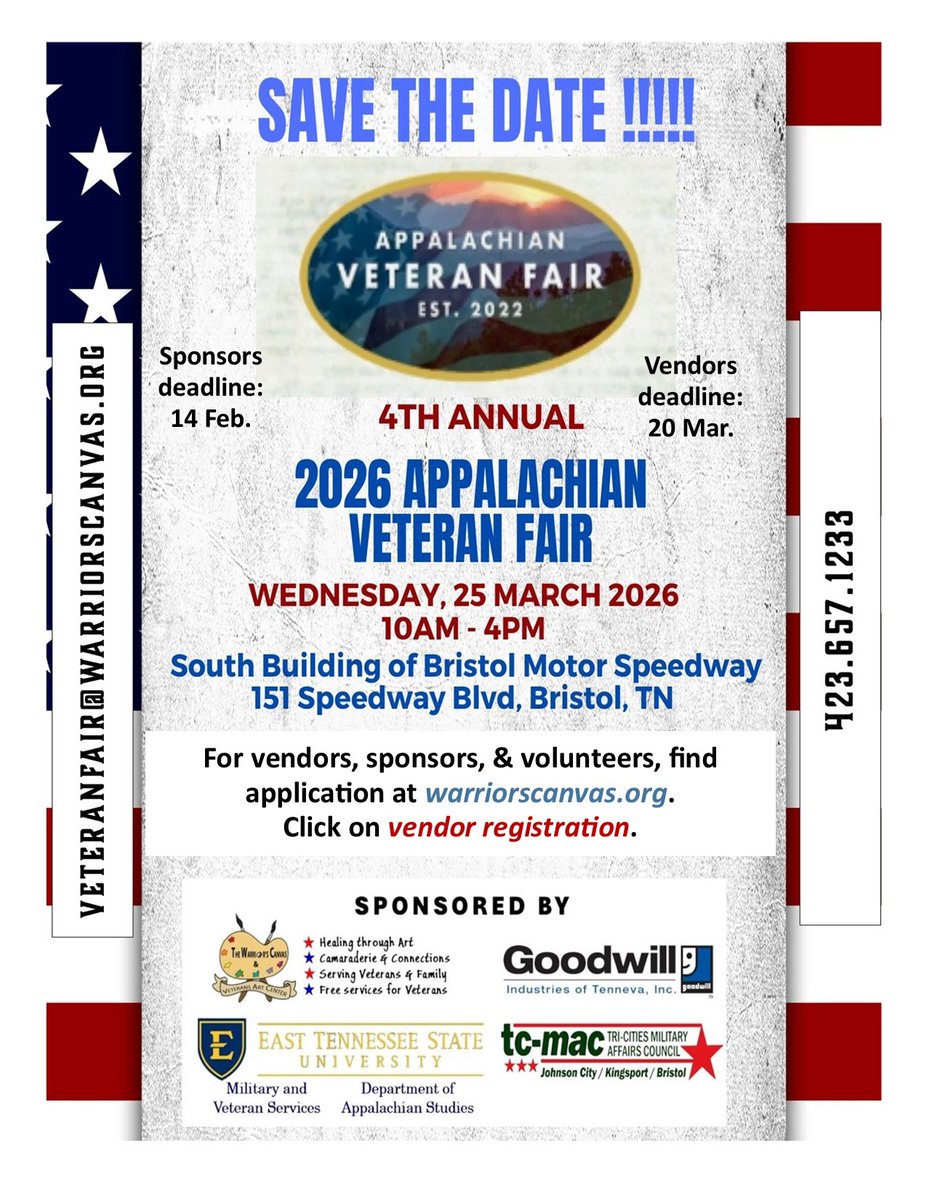 TNDVS's tweet photo. Save the date!

2026 Appalachian Veteran Fair
📅 March 25, 2026 | ⏰ 10 AM – 4 PM (EST)
📍 South Building, Bristol Motor Speedway – Bristol, TN

Connecting Veterans and families with valuable resources and support. https://t.co/Xt97P6fZ8b