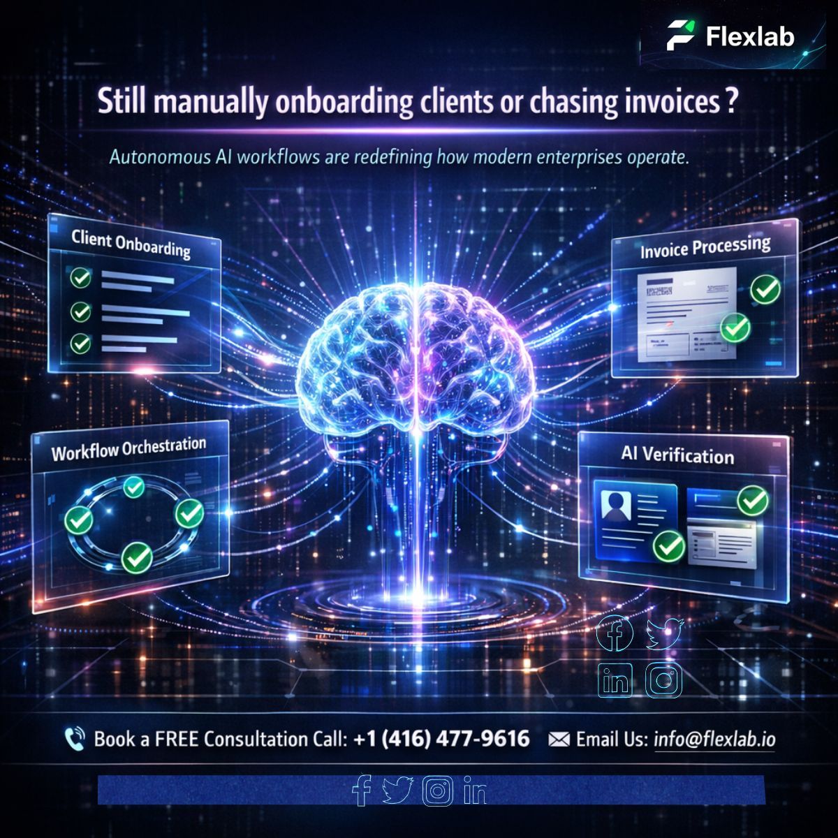 info_flexlab's tweet image. Still manually onboarding clients or chasing invoices? You are the bottleneck.

New 2026 autonomous "Self-Verification" loops allow AI to execute, check, and correct its own work without you. 

It is the enterprise engine, built for your scale.

Exit the loop. 

#AI2026 #Flexlab