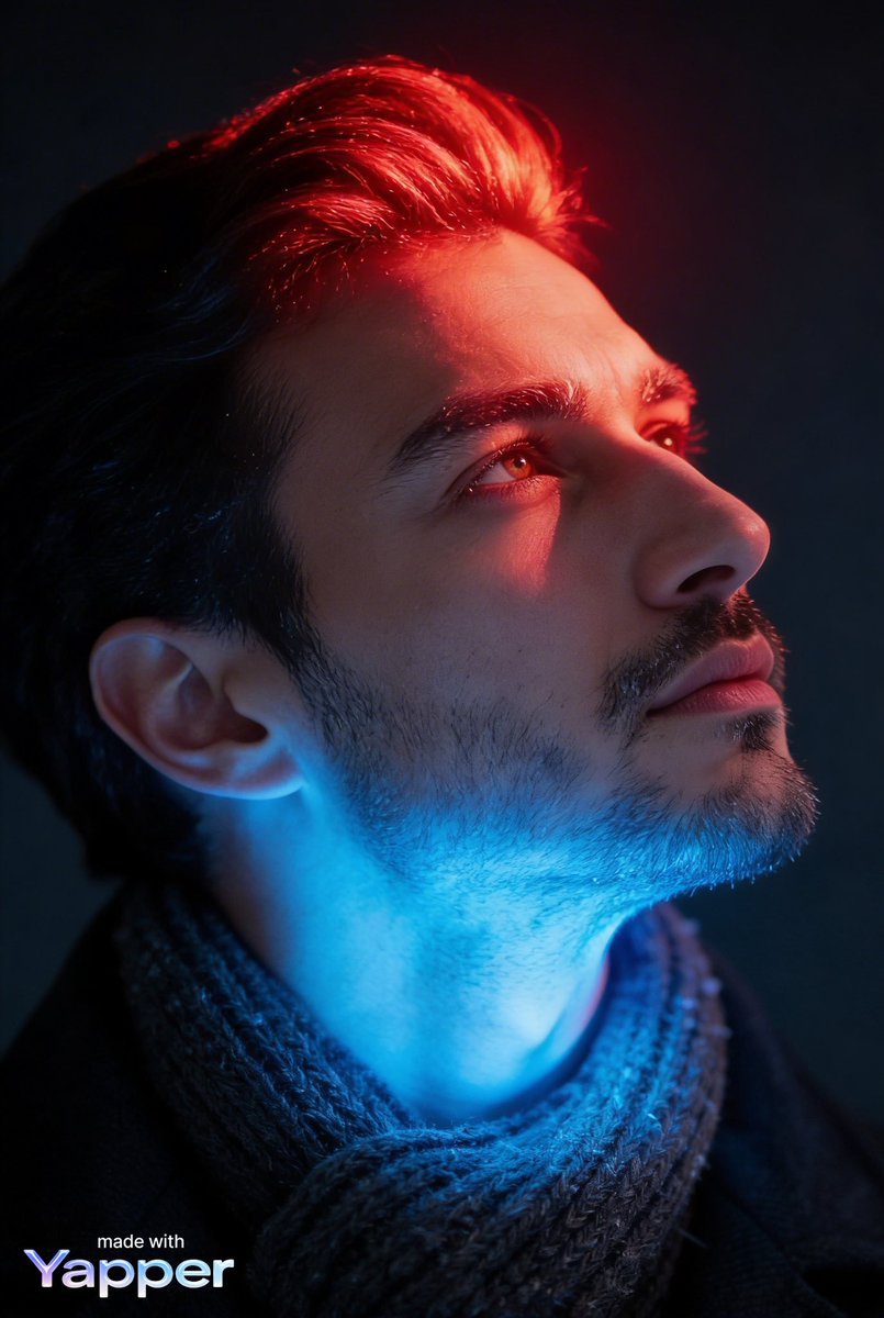 Created with Seedream 4.5 on <a href="/yapper_so/">Yapper</a> 
.
Prompt:
.
A high-resolution, cinematic, and photorealistic close-up profile portrait of a man. The image features dramatic split-lighting with a vibrant, glowing red light illuminating the top of his face and a contrasting, cool neon