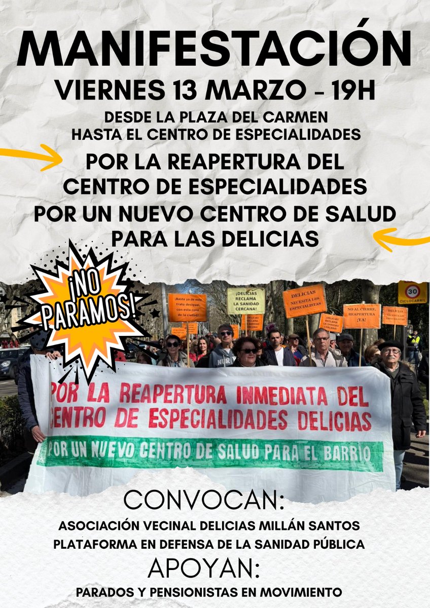 CSO_LaMolinera's tweet photo. Siguen las movilizaciones en defensa de la Sanidad Pública y por la reapertura del Centro de Especialidades en Delicias 👇 https://t.co/EazZrHyCit