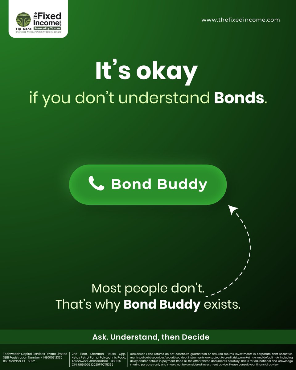 Do you know what a bond is?
Or you're also confused, like many others.
That's where Bond Buddy comes in 
Your saviour from bond confusion.

Click karo. Connect karo. Clear karo.

#TFI #TheFixedIncome #fixedincome #bondbuddy #letstalkbonds #interestrate #bondinvestment #bonds