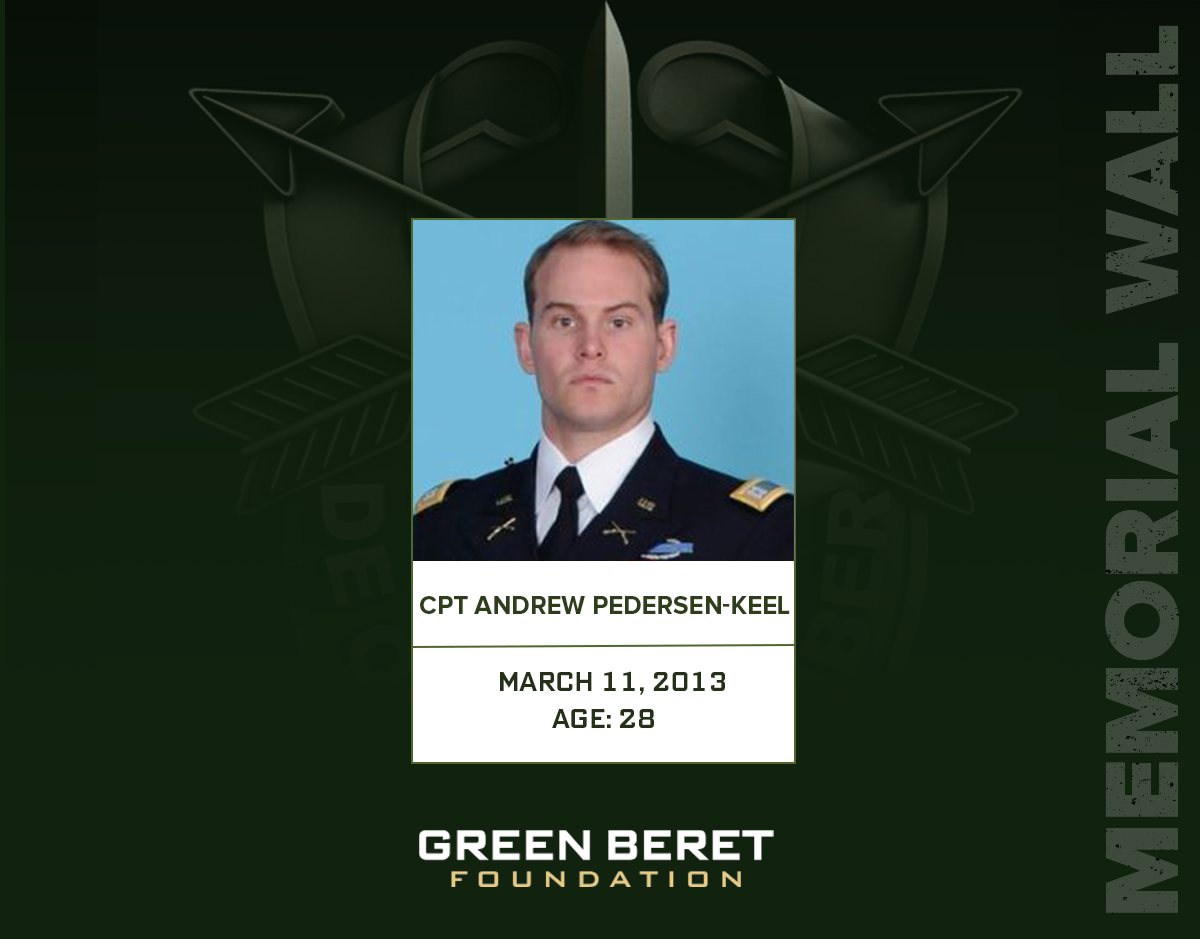 GreenBeretFound's tweet image. Today we honor the memory of CPT Andrew M. Pedersen-Keel, killed in action on this day in 2013. He served with 3rd Special Forces Group (Airborne). His service and sacrifice will never be forgotten.

De Oppresso Liber
greenberetfoundation.org/memorial-wall/
#GreenBeret #RememberTheFallen