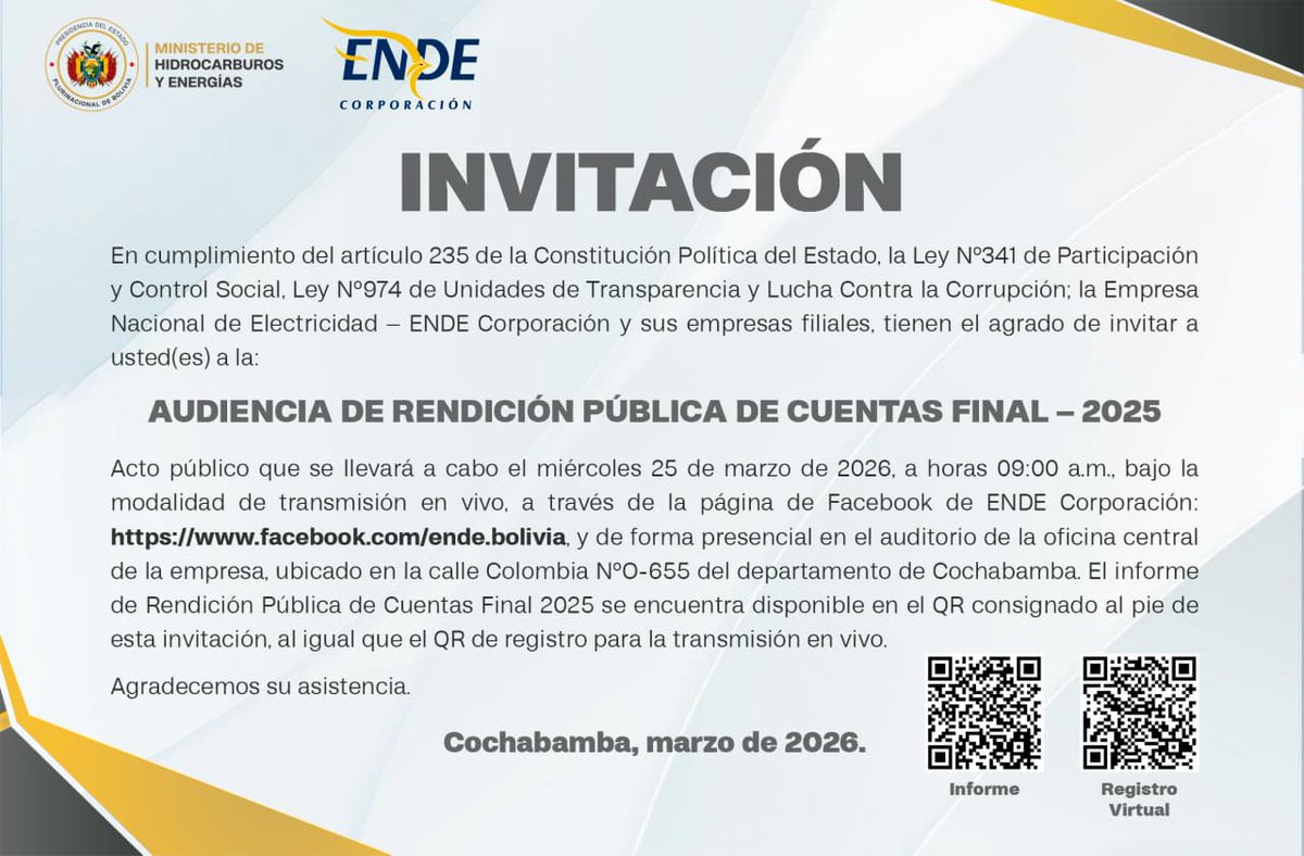 Invitación a la Audiencia de Rendición Pública de Cuentas Final - 2025 de la Empresa Nacional de Electricidad – ENDE Corporación y sus empresas filiales.
