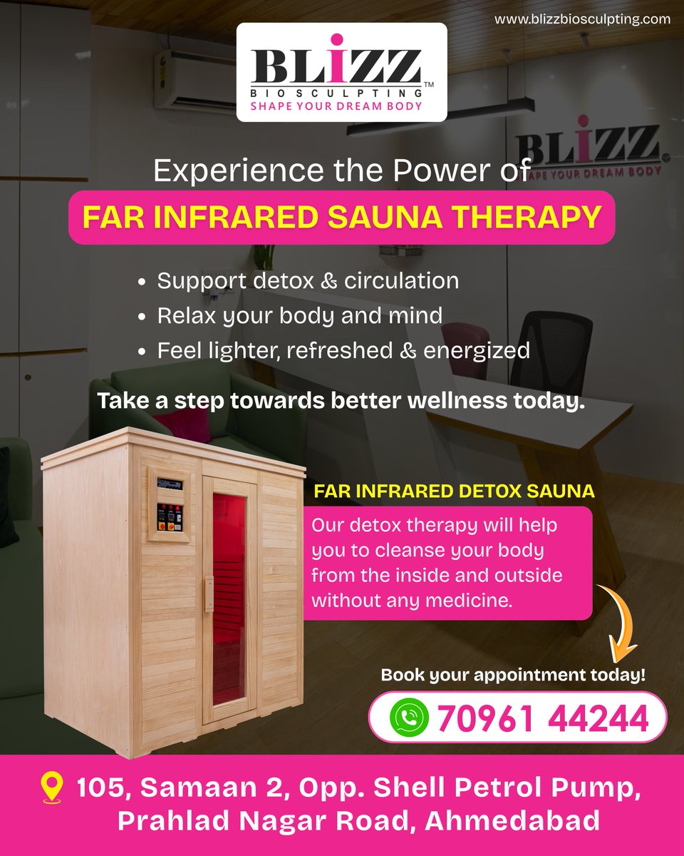 Blizzbio's tweet photo. Far Infrared Sauna is more than heat — it supports detox, circulation, and recovery.
Feel relaxed, refreshed, and recharged.

📞 Call now: 70961 44244

📍 Blizz Biosculpting, Prahlad Nagar, Ahmedabad

#farinfraredsauna #detoxtherapy #infraredsauna #blizzbiosculpting #ahmedabad https://t.co/450daeTCRx