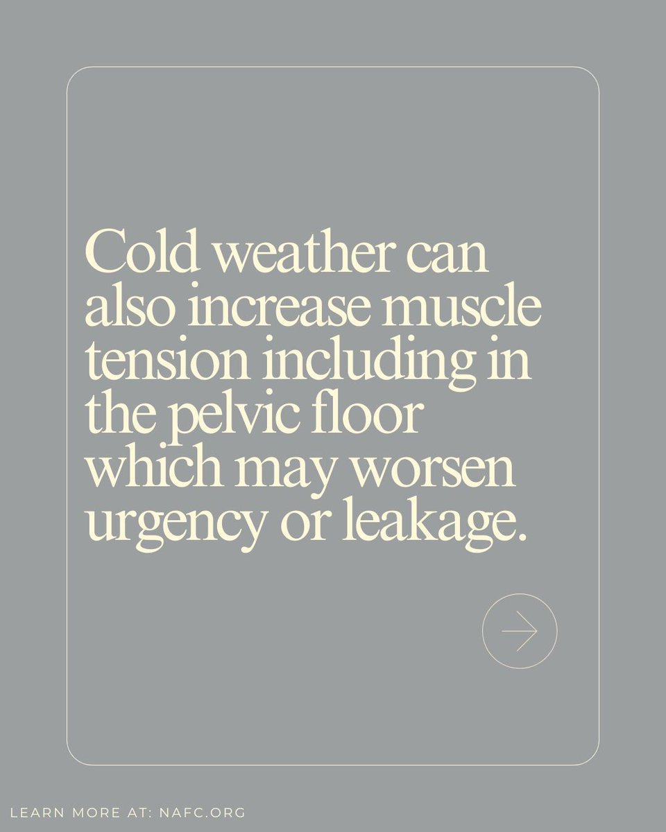 bhealth_'s tweet image. Ever feel like you need the bathroom more often when it’s cold outside? ❄️
Understanding triggers is an important step toward better bladder control.

Learn more at nafc.org

#LifeWithoutLeaks #BladderHealth #WinterHealth #PelvicHealth