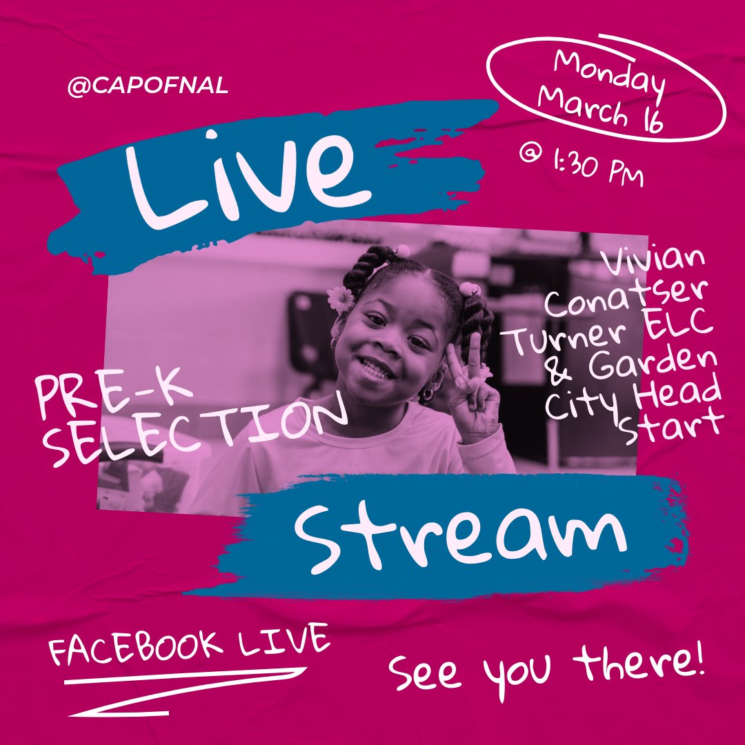 For the first time ever, we will be holding our Pre-K Selection LIVE on Facebook!

📅 Monday, March 16
⏰ 1:30 PM

This live selection event is for Vivian Conatser-Turner Early Learning Center and Garden City Head Start ONLY.

#CAPNA #HeadStart #HeadStartWorks