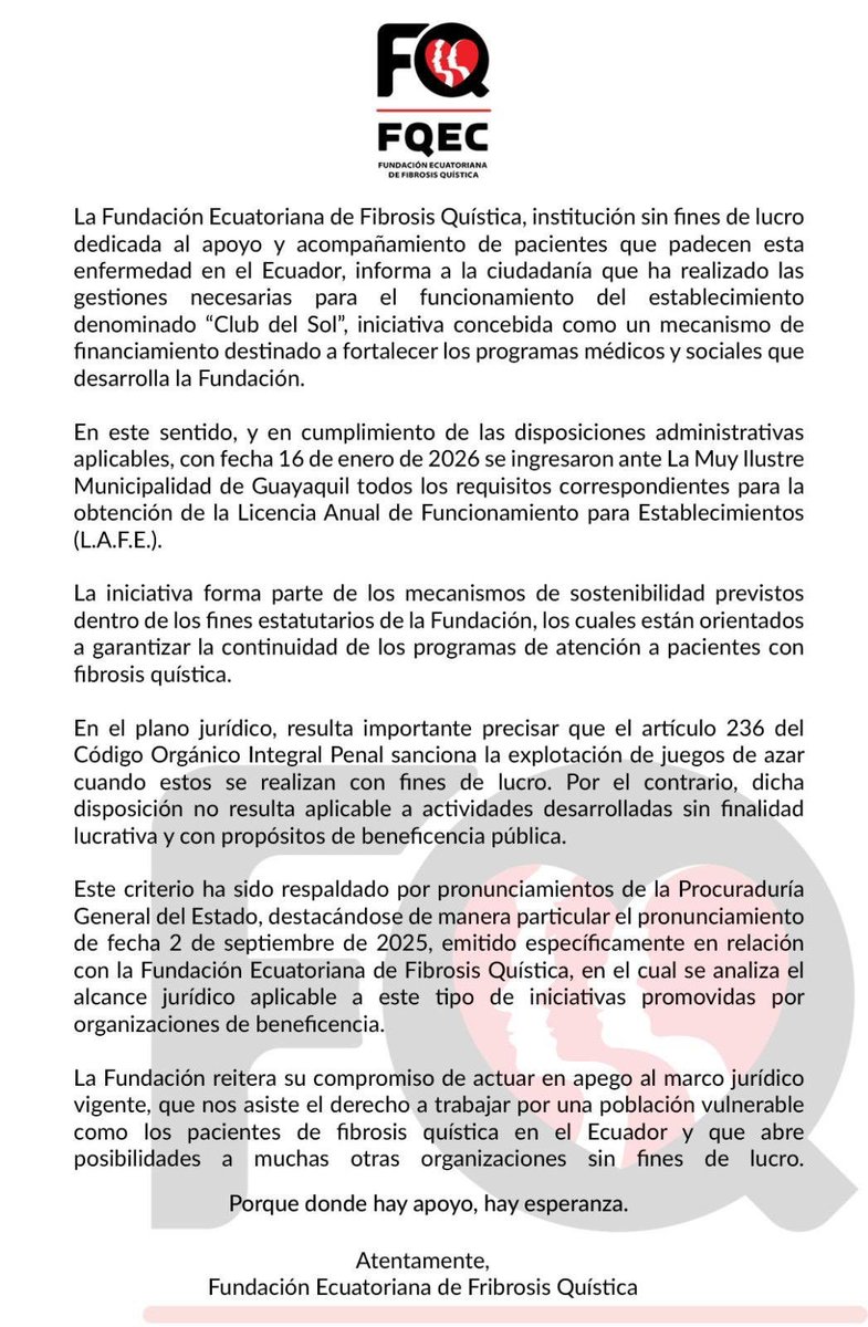 La Procuraduría General del Estado emitió el 2 de septiembre de 2025 un pronunciamiento que da cobertura jurídica a la operación de juegos de azar por fundaciones “sin fines de lucro.”

El pueblo ecuatoriano votó en referéndum para prohibir los casinos.

La Procuraduría encontró