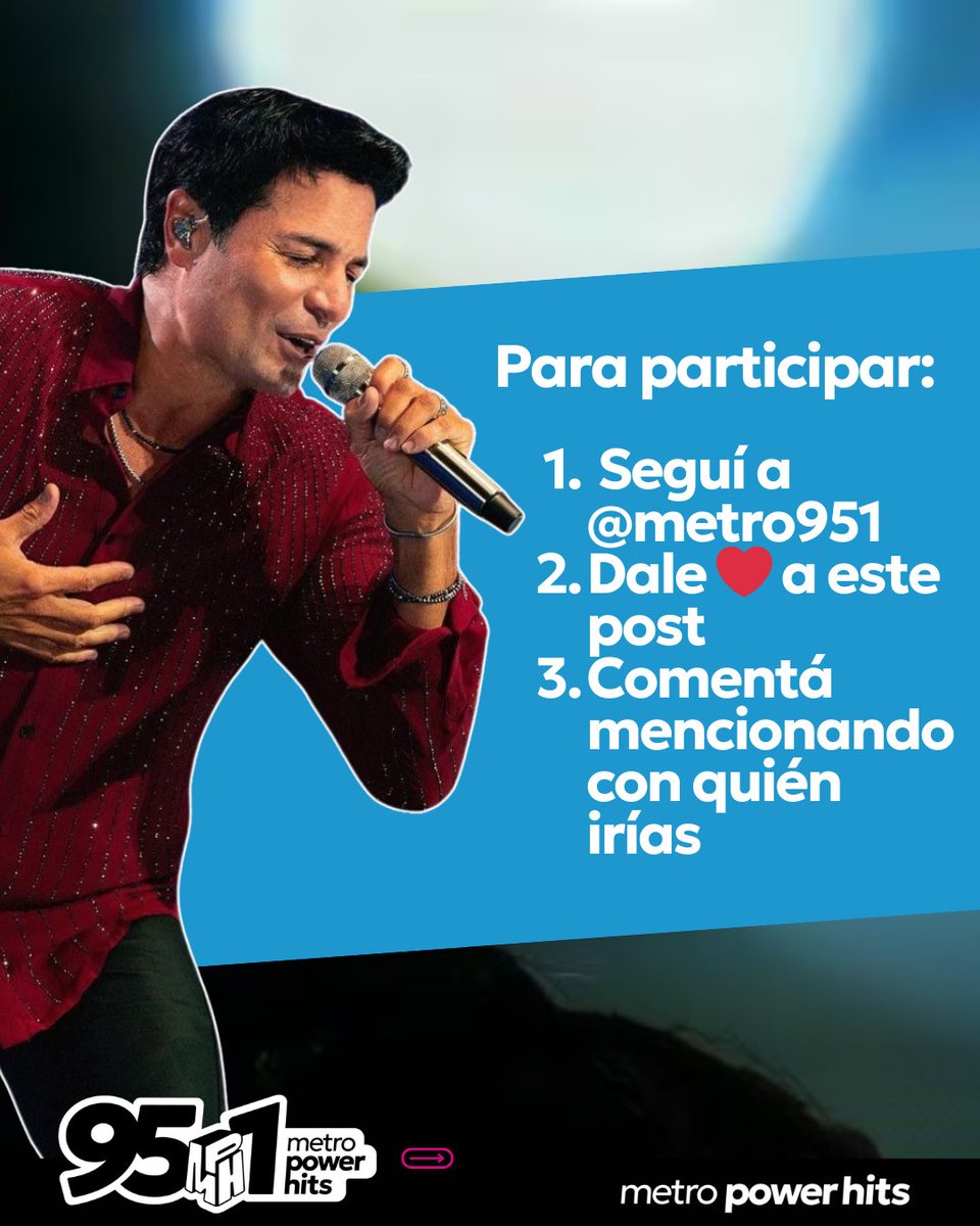 mph951fm's tweet photo. 🔥 SORTEO CHAYANNE 🔥
¿Y si el viernes cantás Torero en Vélez? 😏🎤

En Metro Power Hits te regalamos entradas para ver a Chayanne en vivo el viernes 13 de marzo en Vélez 🎟️ https://t.co/7H53YC9xPY
