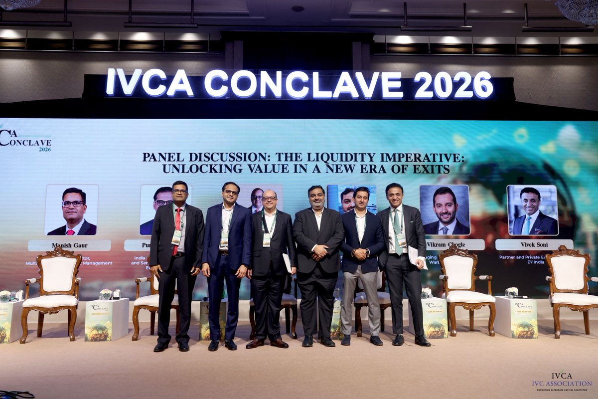 IndianVCA's tweet photo. 𝗜𝗻𝗱𝗶𝗮’𝘀 𝗘𝘅𝗶𝘁 𝗟𝗮𝗻𝗱𝘀𝗰𝗮𝗽𝗲 𝗜𝘀 𝗦𝗰𝗮𝗹𝗶𝗻𝗴 𝘄𝗶𝘁𝗵 𝗗𝗲𝗲𝗽𝗲𝗿 𝗖𝗮𝗽𝗶𝘁𝗮𝗹 𝗠𝗮𝗿𝗸𝗲𝘁 𝗟𝗶𝗾𝘂𝗶𝗱𝗶𝘁𝘆

At @IndianVCA Conclave 2026, the panel on “The Liquidity Imperative: Unlocking Value in a New Era of Exits” examined how exit pathways for private equity investors are expanding as India’s capital markets mature.

𝗞𝗲𝘆 𝘁𝗮𝗸𝗲𝗮𝘄𝗮𝘆𝘀:
• Private equity and venture capital exits reached $32.9 billion in 2025, a 17% year-on-year increase, and ~23–24% growth in INR terms after adjusting for currency depreciation.
• Public markets have become a major exit channel, with one firm executing $3.5 billion of $4 billion exits through 20+ block trades across around 10 listed companies over the past three years.
• IPO exits are increasingly staged, with investors selling part of their stake at listing and continuing exits through secondary market block trades.
• Secondary sponsor transactions remain important, including examples such as a large healthcare platform exit valued at ~$250 million enterprise value to another private equity investor.

Panellists included:
📌 Manish Gaur, Managing Director, @MultiplesPE 
📌 @puncham, Head of Private Equity and Senior Managing Director, India, @EverstoneGroup
📌 Sameer Shroff, Co-Founder and Managing Director, Faering Capital
📌 Vishal Verma, Investment Director, Oman India Joint Investment Fund (OIJIF)
📌 Vikram Chogle, Managing Director and Partner, @warburgpincus
📌 @VivekSoni75, Partner and Private Equity Leader, @EY_India

#IVCAConclave2026 #AlternateCapital #PrivateEquityIndia #VentureCapital #SEBI