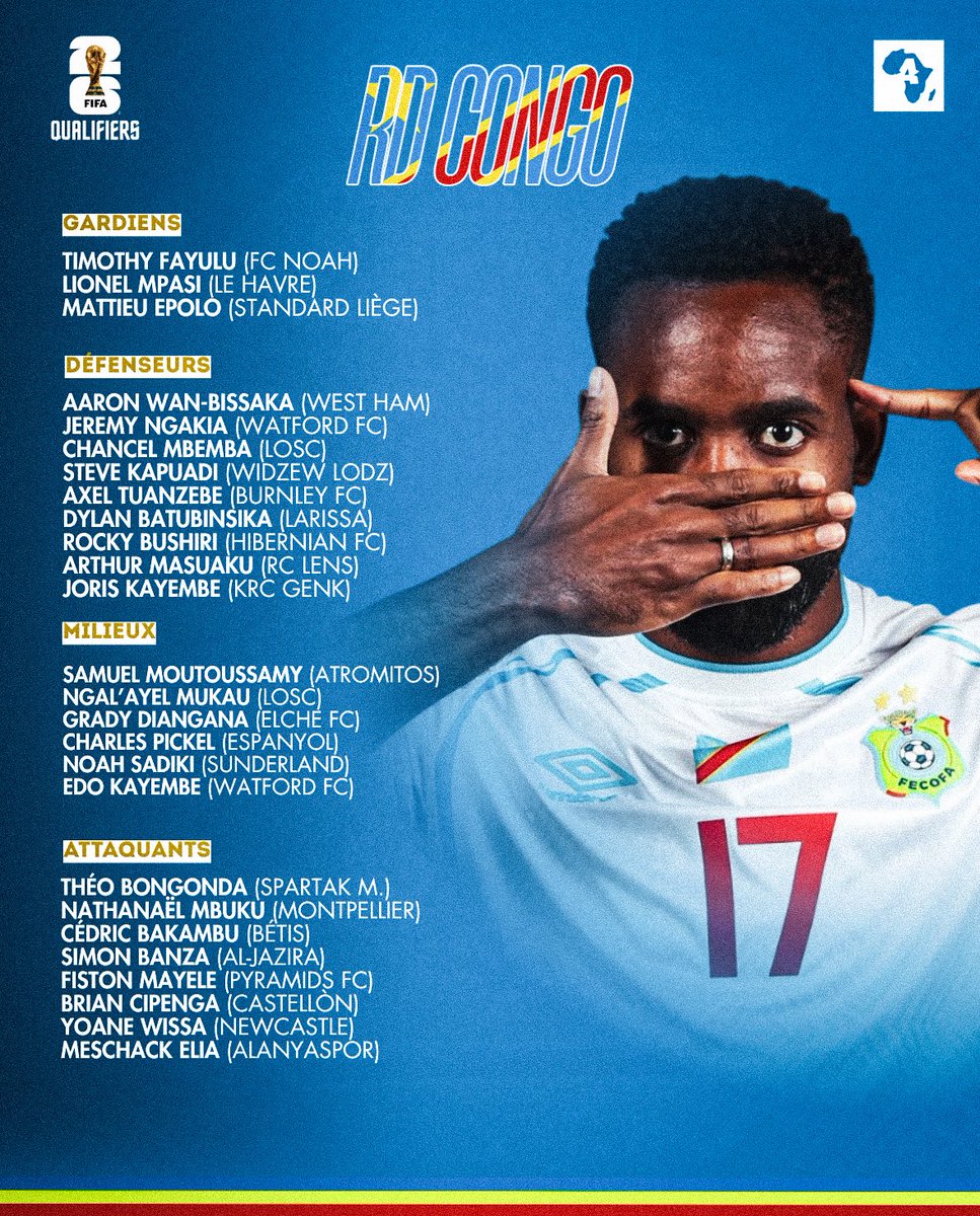 ActuFootAfrique's tweet image. 🚨 OFFICIEL : La 𝙇𝙄𝙎𝙏𝙀 de la RD Congo 🇨🇩 pour le barrage de la Coupe du Monde 2026 ! 🌍🏆

TOUS derrière les Léopards. ☝🏿