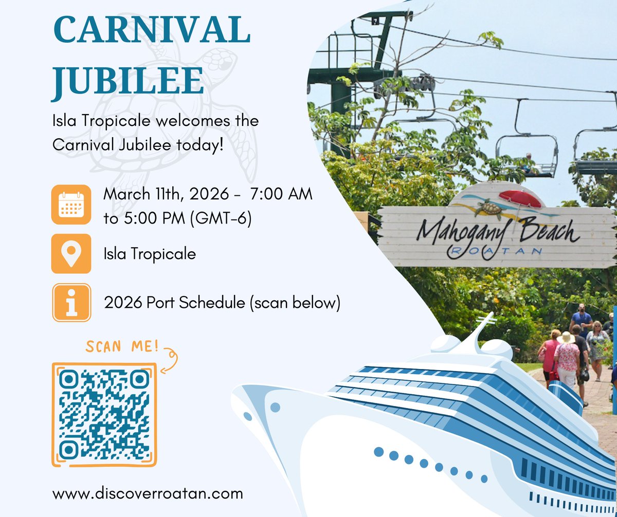 The Isla Tropicale Cruise Center (formerly Mahogany Bay) welcomes the Carnival Jubilee today! 

🛳 Schedule: March 11, 2026 - 7:00am to 5:00pm (GMT-6)

➡️ 2026 Port Schedule: hi.discoverroatan.net/dj83

#cruise #caribbean #honduras #roatan #carnivaljubilee #mahoganybay #islatropical