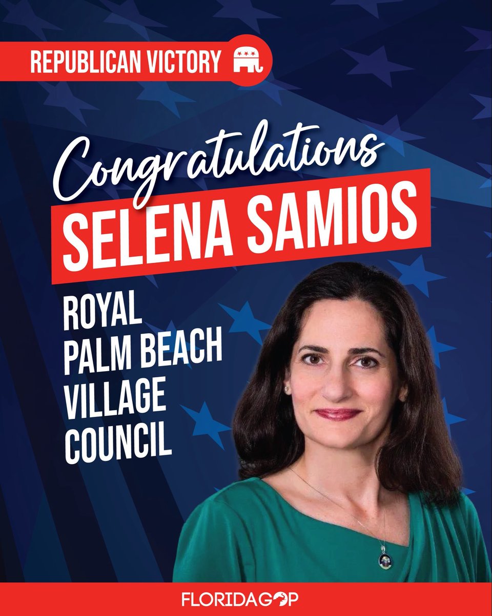 EricLDaugh's tweet photo. 🚨 HOLY CRAP! Republicans just FLIPPED a Dem-leaning Palm Beach County seat from blue to RED in an upset win — directly in President Trump's backyard

Republican Selena Samios has unseated the Democratic incumbent on the Royal Palm Beach Village Council 🔥

FLORIDA. IS. RED! ☀️ https://t.co/14Ls3HAqR8