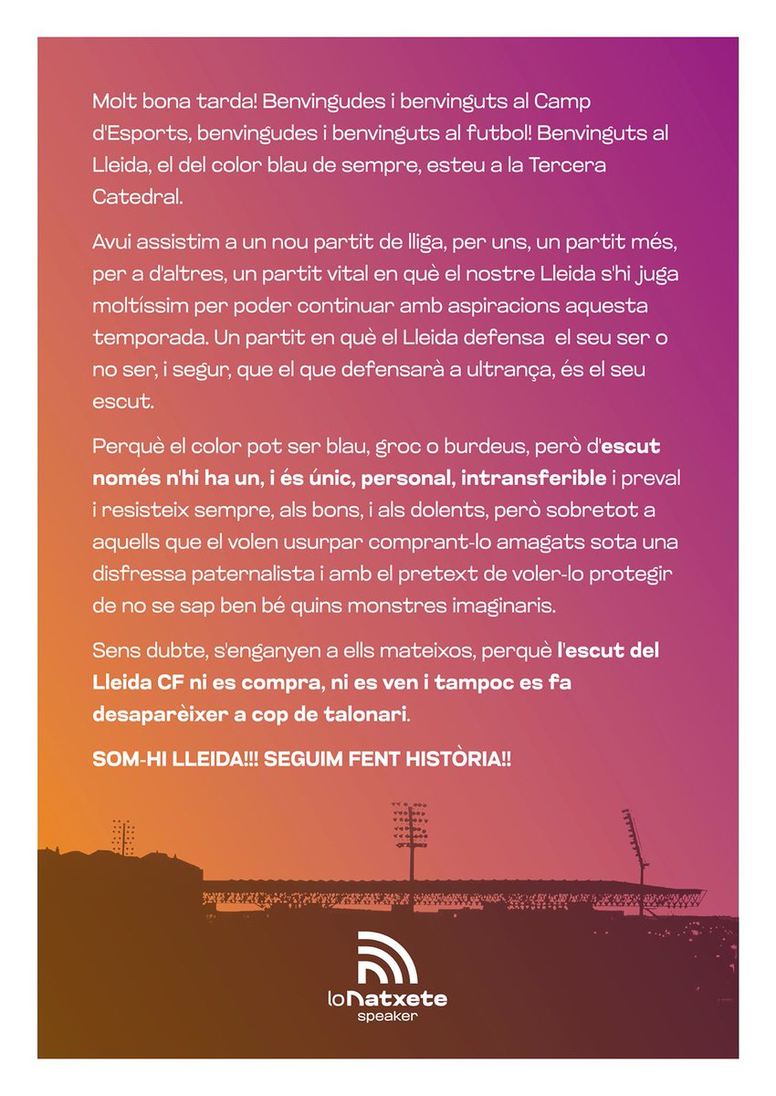 LoNatxete's tweet photo. Introducció com aquesta que adjunto a la que vostè fa referència, són les que faig cada dia que hi ha partit en el Camp d'Esports .
Uns dies parlo de l'escut, d'altres de fets històrics del @LleidaCF , d'altres de efemèrides de dies pròxims al partit,... https://t.co/1JOgcFhrlK