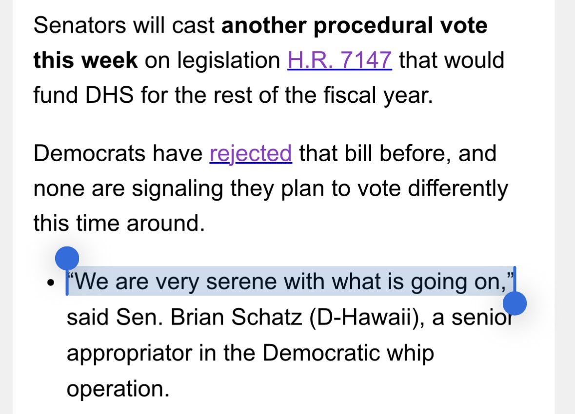 SHOT: “More than 300 TSA officials have quit during the latest DHS shutdown, with call out rates more than doubling at airports nationwide.” (CBS News)

CHASER: “[Democrats] are very serene with what is going on,” says Sen. Schatz.
