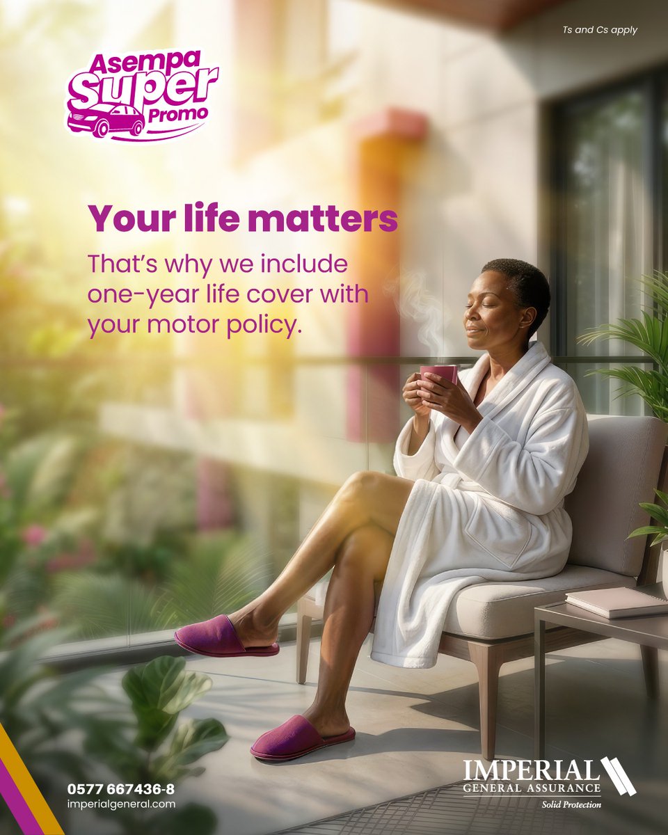 ImperialGenLTD's tweet photo. The morning feels calm.
A quiet moment. No rush. No worry. Just peace.

Insure or renew your motor policy today and get one-year life cover through our partner insurer.

Because when life is protected, peace of mind follows.
#AsempaSuperPromo #ImperialAssurance #SolidProtection https://t.co/mZyuy07QvJ